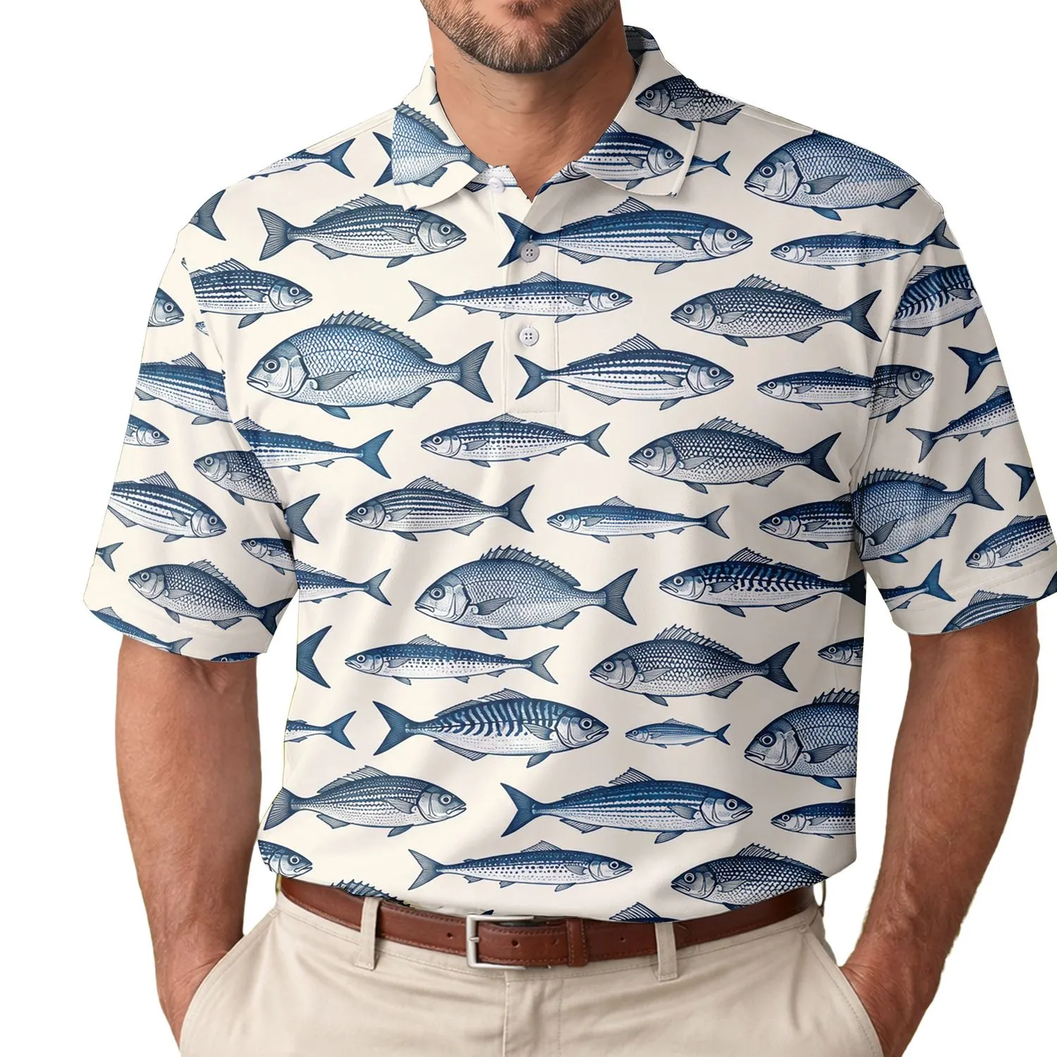 Navy Fish Motif for Coastal Golf and Resort Days, Women’s Nautical Summer Vacation Style Men's Polo Shirt - 1