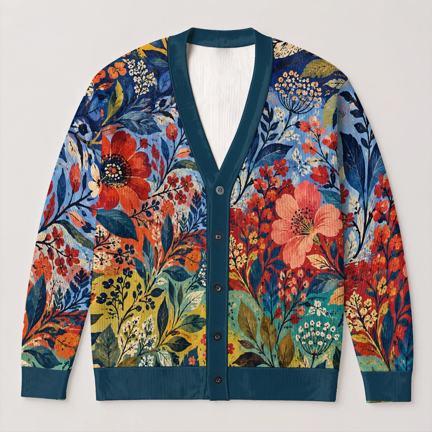 Abstract Botanical Color Fields For Vintage Commuting And Casual Layered Everyday Wear All-over Print Knitted Cardigan - 1