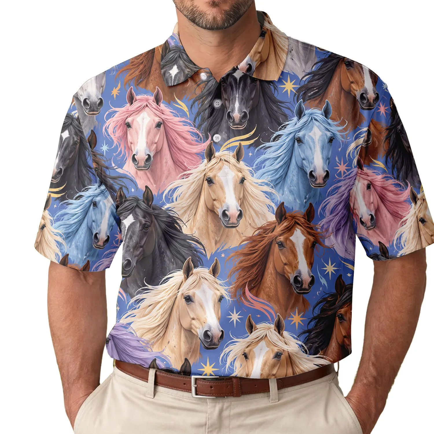 Colorful Horse Faces for Equestrian Fans at Country Club Summer Events and Riding Days Men's Polo Shirt - 1