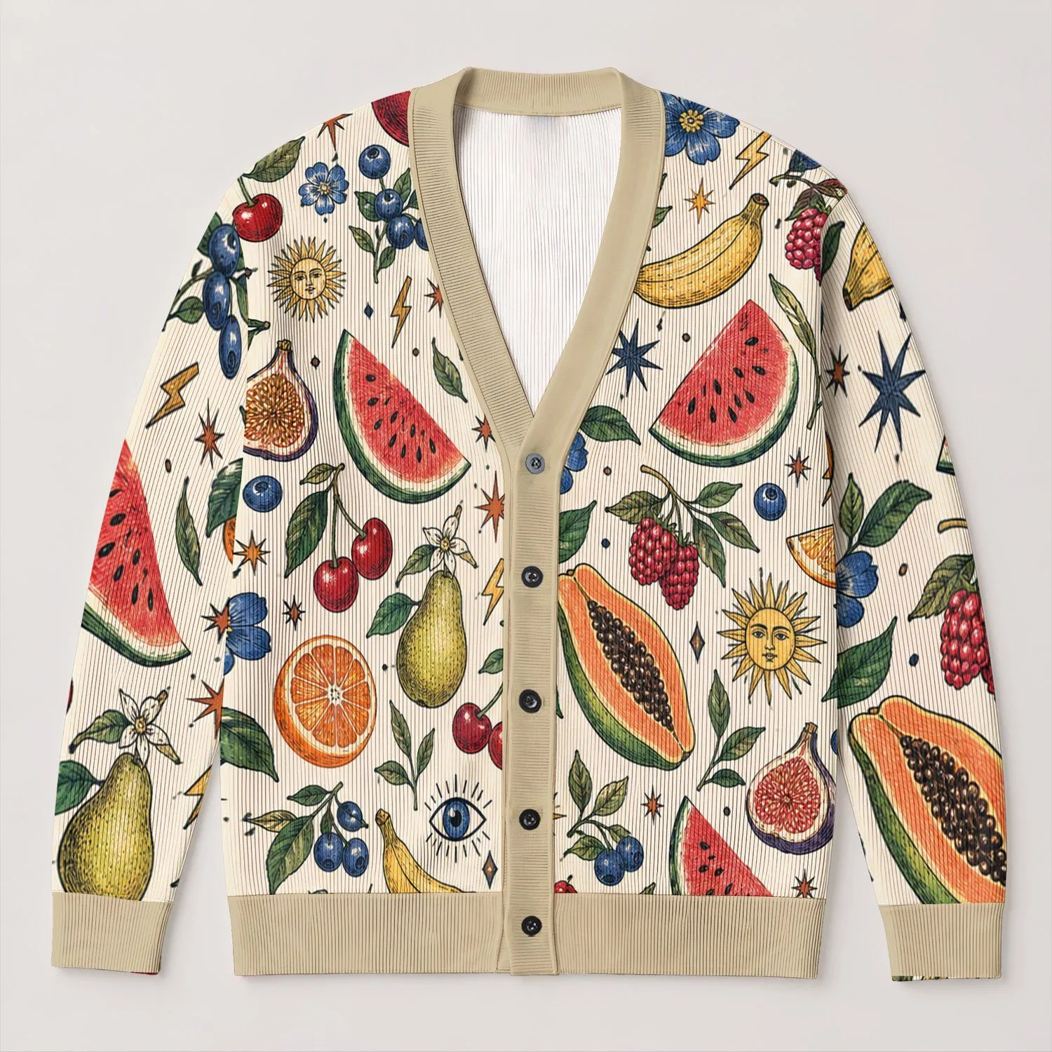 Colorful Fruit Motifs For Playful Everyday Layering And Weekend Casual Outfits For Women All-over Print Knitted Cardigan - 1
