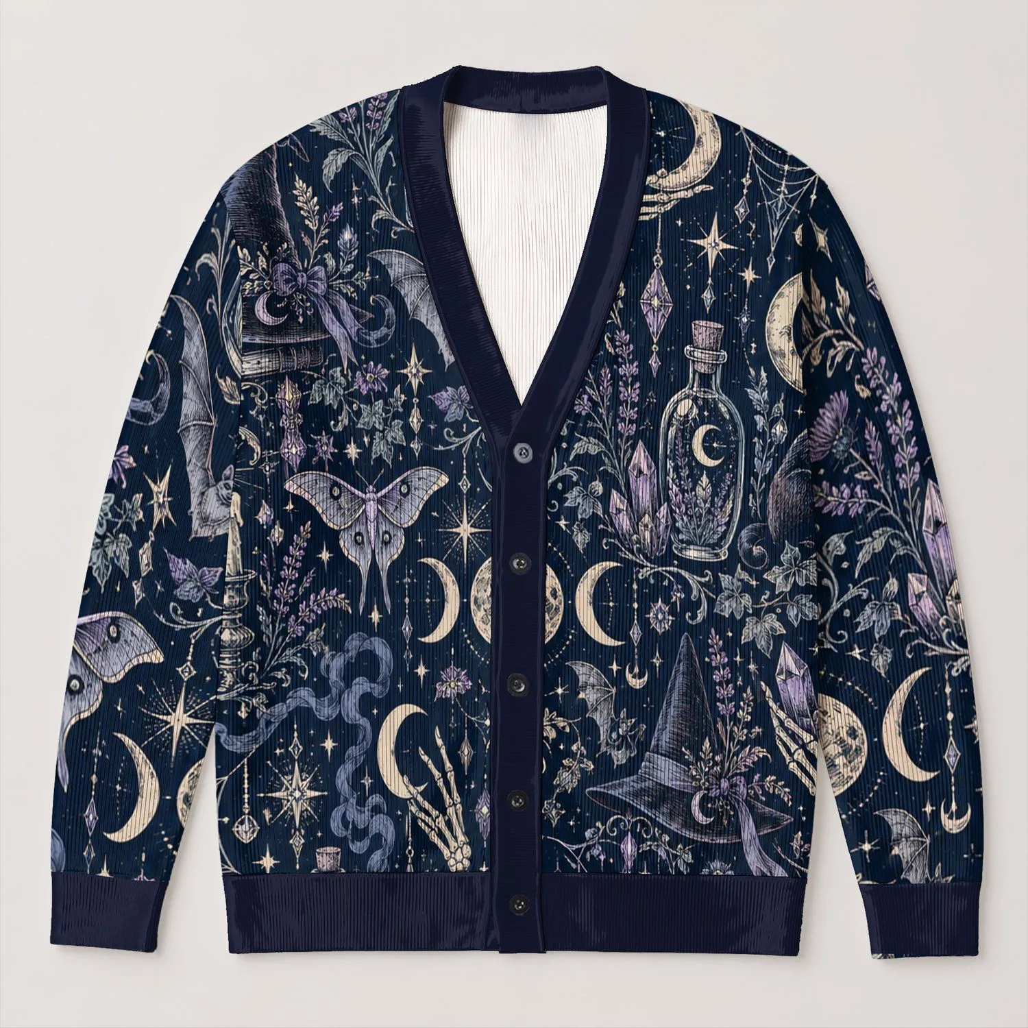 Mystic Moon Witch Motifs for Halloween Layering, Dark Academia Women's Outfit Style All-over Print Knitted Cardigan - 1