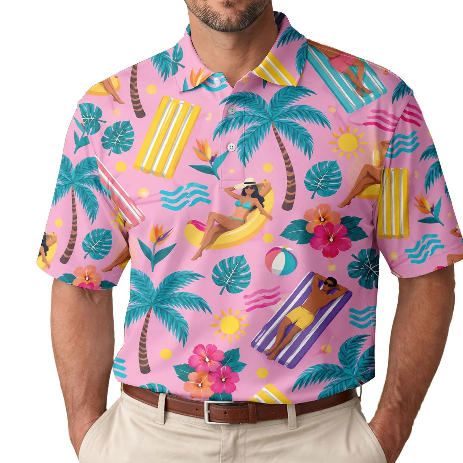 Pink Tropical Palm Trees, Colorful Pool Floats and Banana Beach Fun for Women’s Vacations Men's Polo Shirt - 1