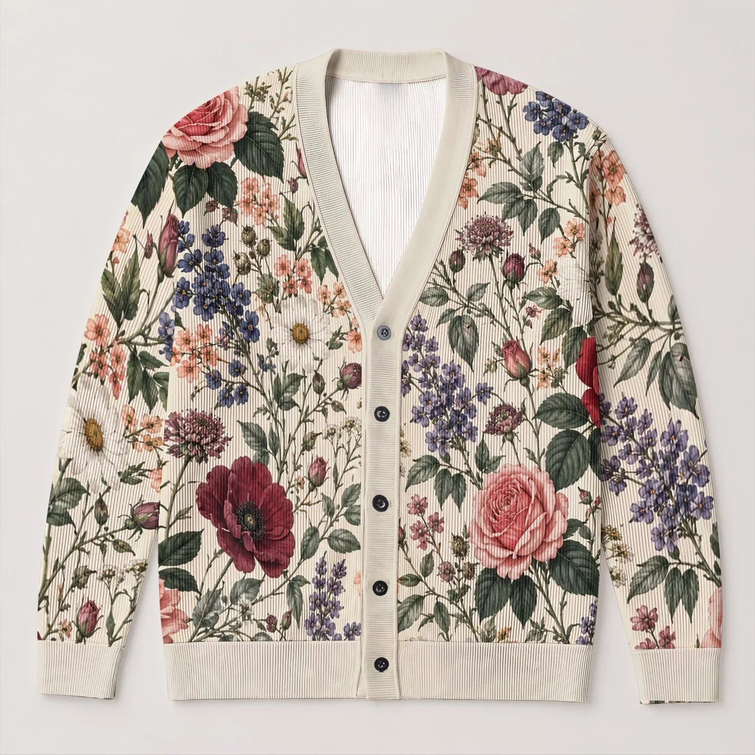 Botanical Wildflower Bouquet for Relaxed Autumn Layering and Everyday Garden Style All-over Print Knitted Cardigan - 1