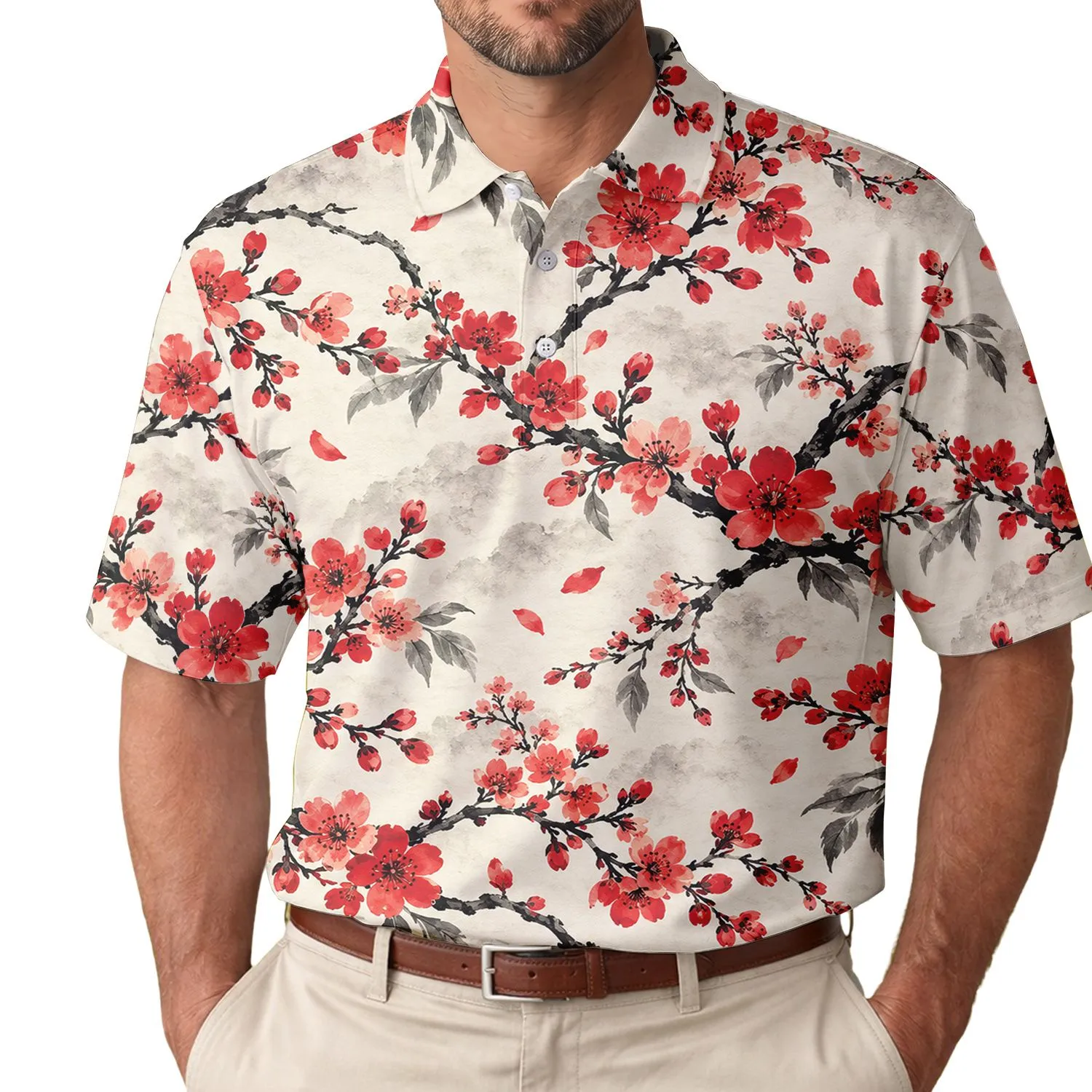Red Sakura Branches for Beach Vacations, Summer Travel, and Relaxed Resort Days Outdoors Men's Polo Shirt - 1