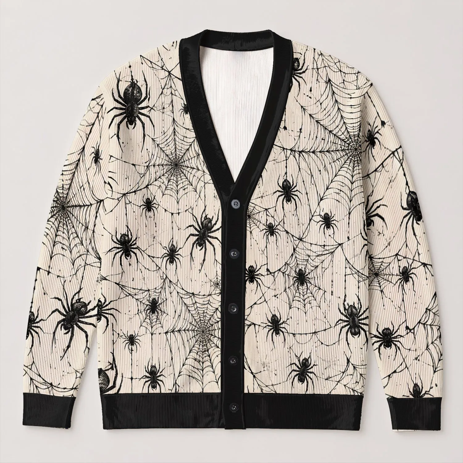 Black Spider Webs And Spiders For Halloween Layering, Women Who Love Gothic Style All-over Print Knitted Cardigan - 1