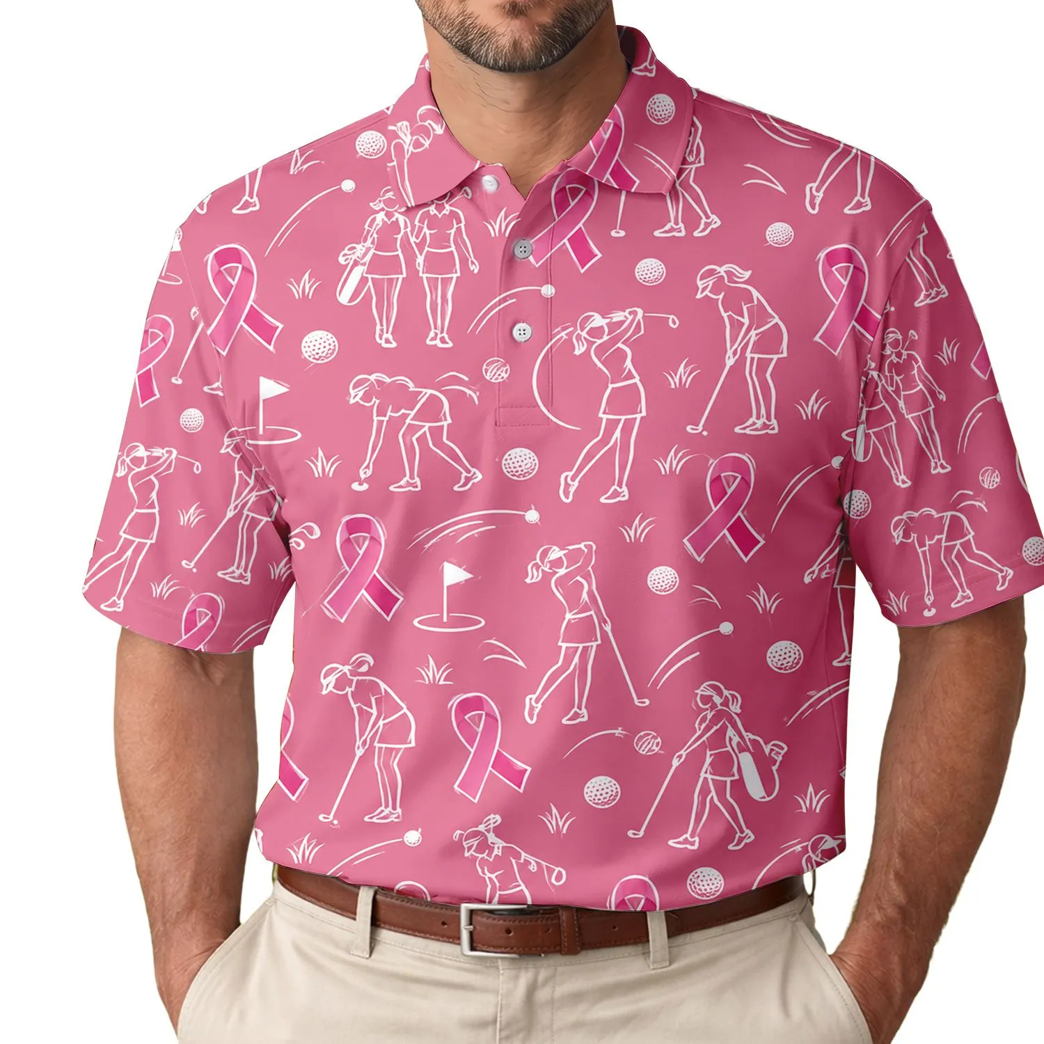 Pink Ribbon Golf Stick Figures for Cancer Awareness Events and Survivor Support Gifts Men's Polo Shirt - 1