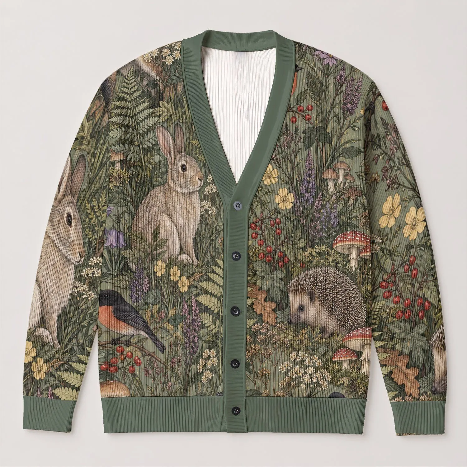 Woodland Fox Rabbit and Mushroom Nature Scene for Relaxed Everyday Layering Women All-over Print Knitted Cardigan - 1