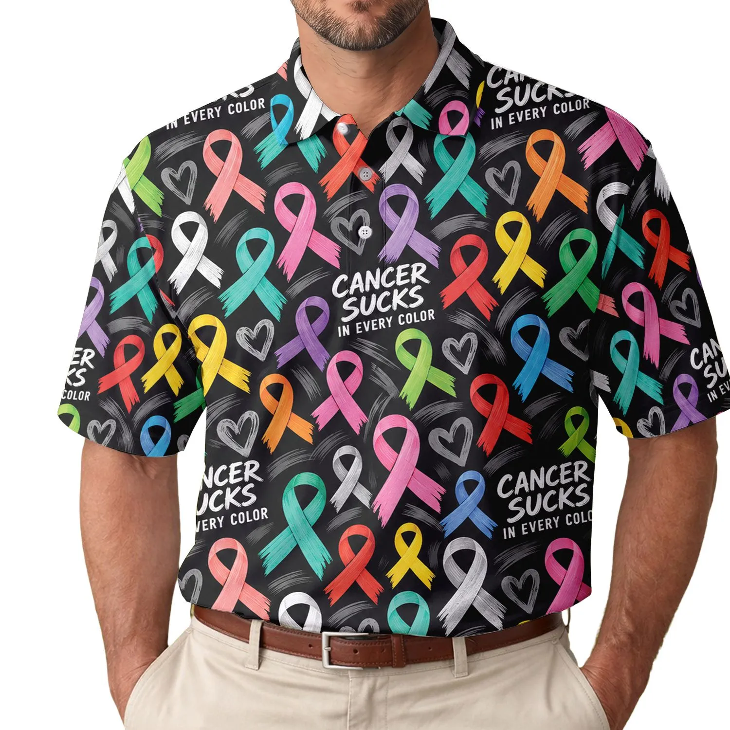Multicolor Cancer Awareness Ribbons For Golf Days, Charity Events, And Survivor Support Men's Polo Shirt - 1