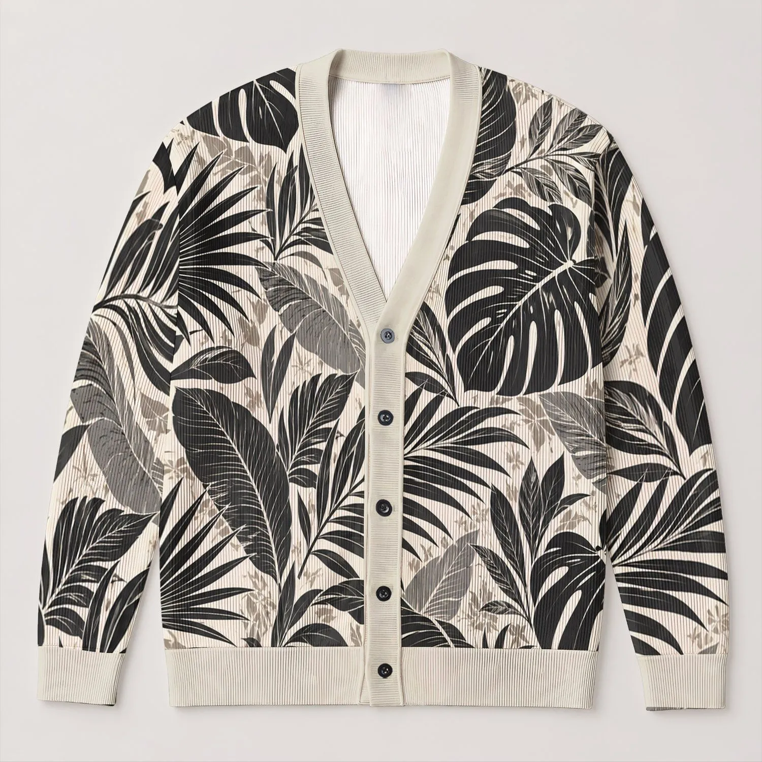 Black White Tropical Leaf Foliage For Relaxed Everyday Layering Women's Casual Style All-over Print Knitted Cardigan - 1