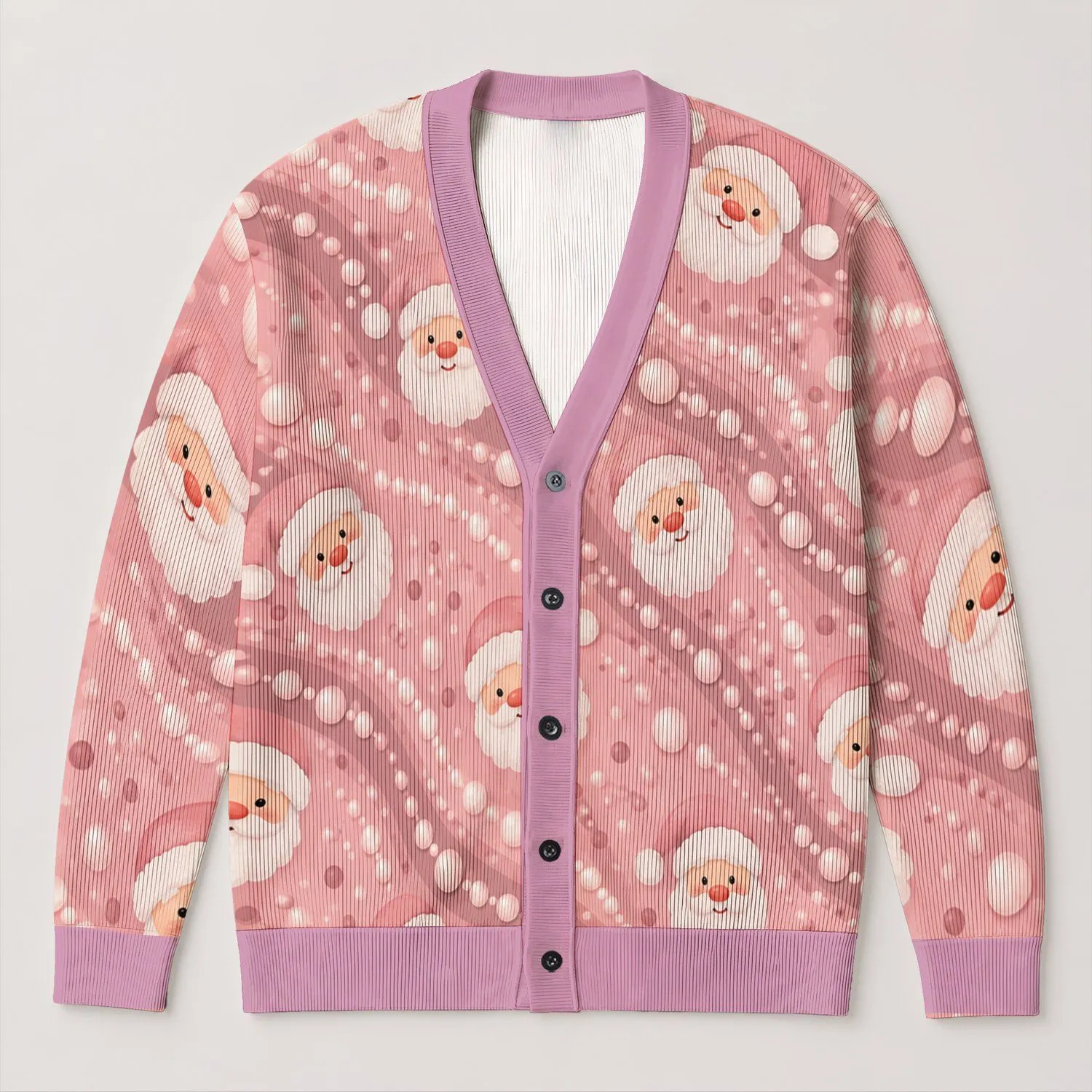 Pink Santa Face Christmas Cheer for Festive Winter Layering and Holiday Parties Women All-over Print Knitted Cardigan - 1