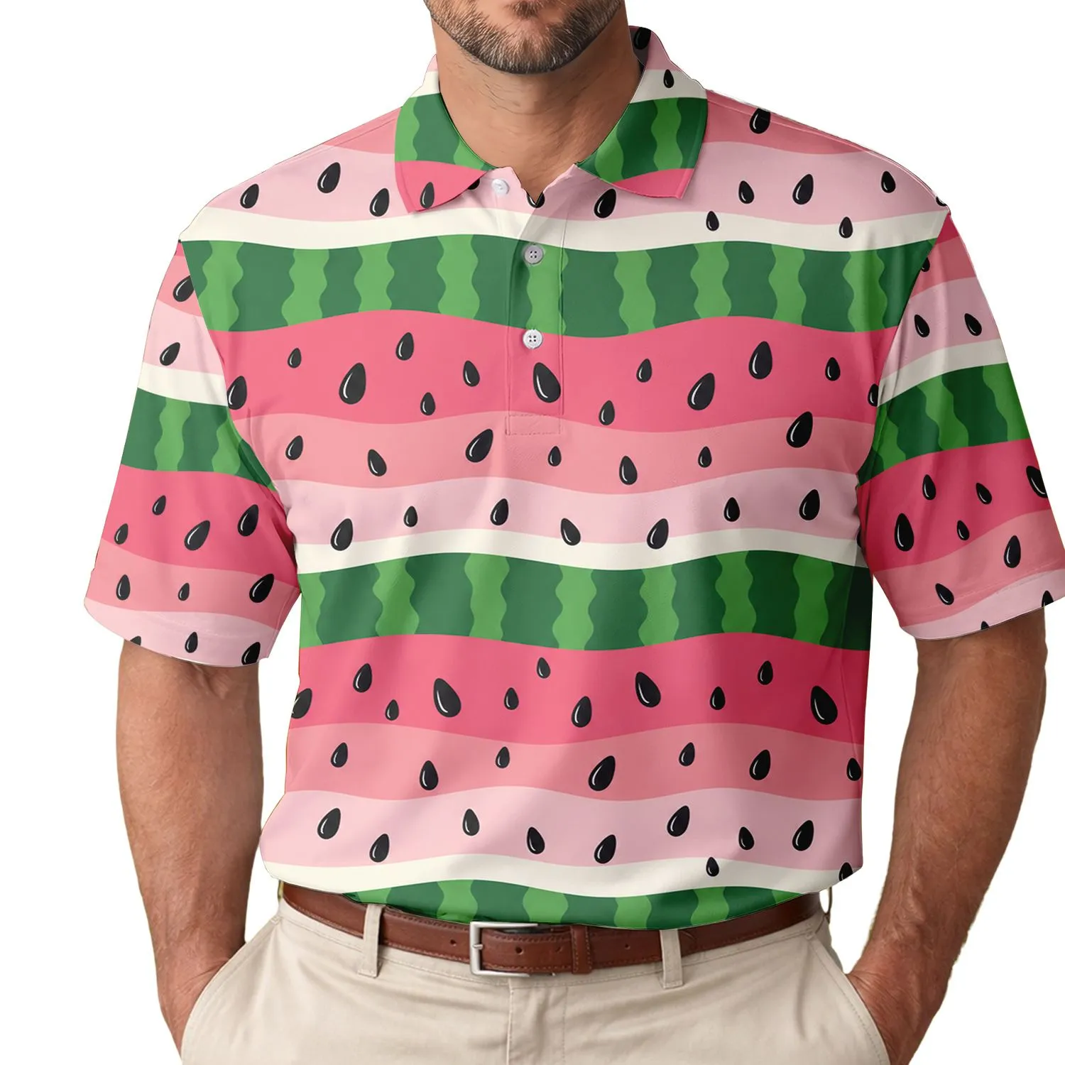 Watermelon Seed Stripes for Summer Golf Days, Weekend Leisure, and Birthday Dad Gifts Men's Polo Shirt - 1
