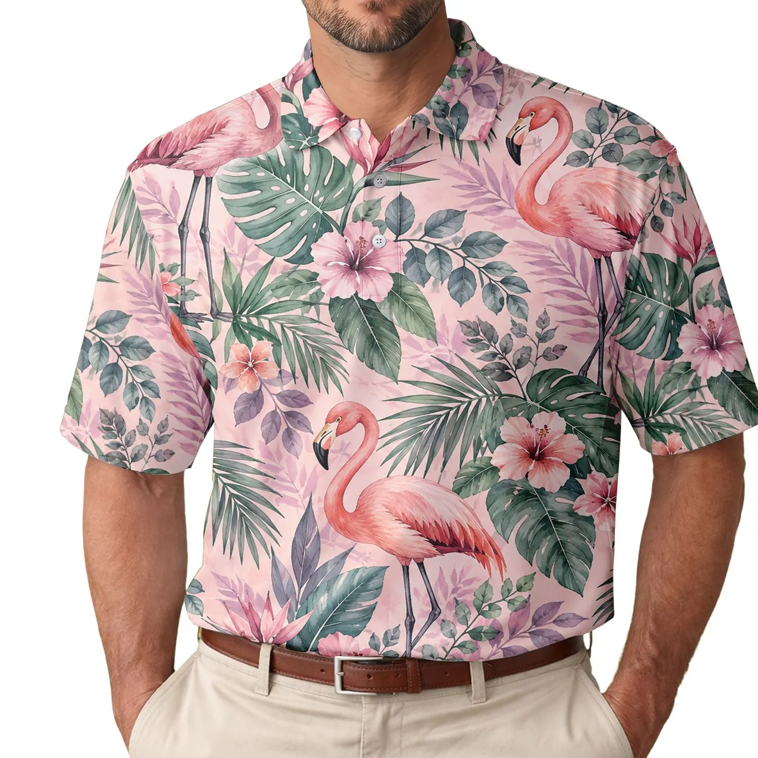 Pink Flamingo Tropical Garden Scene for Resort Golf Days and Sunny Summer Escapes Men's Polo Shirt - 1