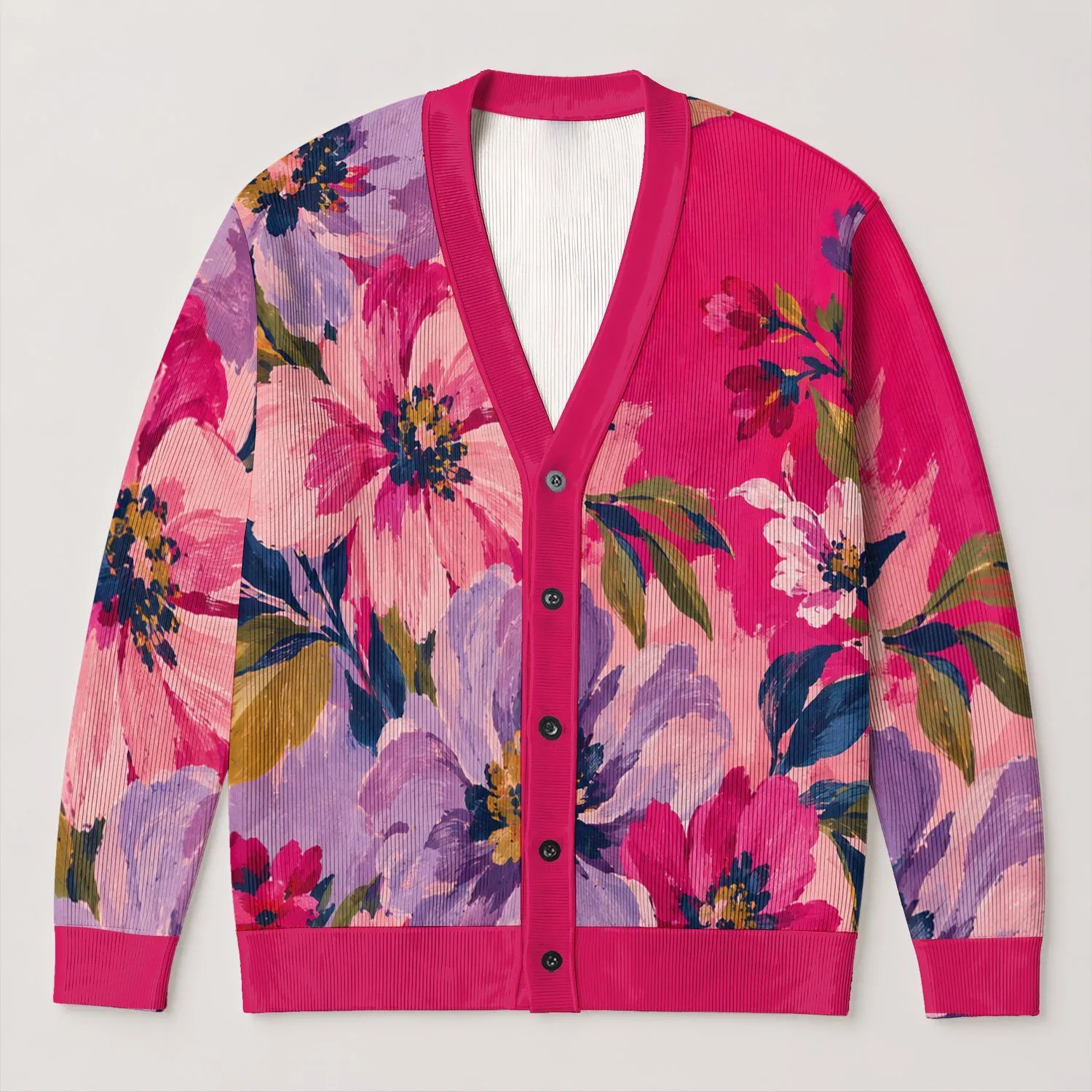 Vibrant Floral Collage for Colorful Everyday Layering and Artistic Women’s Wardrobe All-over Print Knitted Cardigan - 1