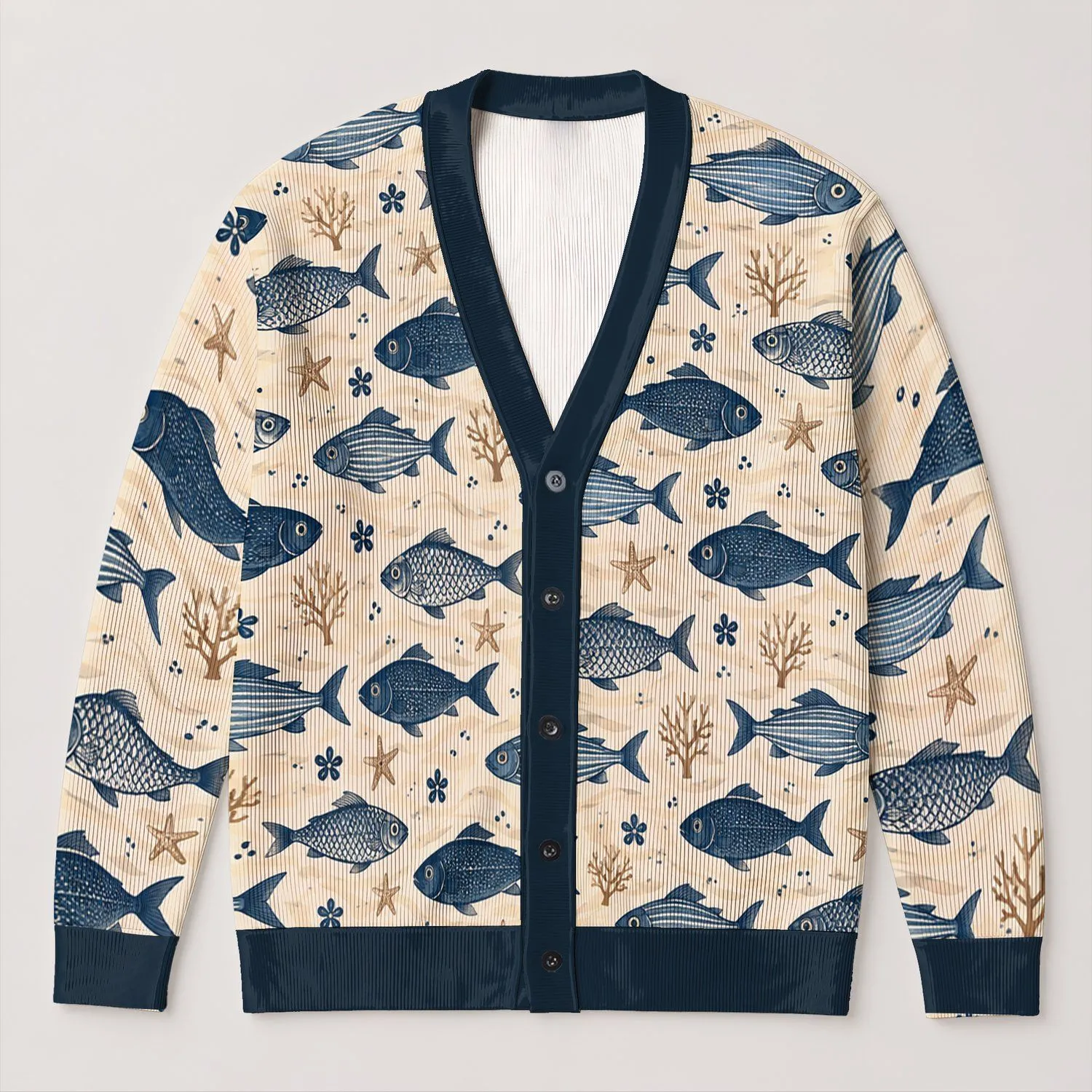 Navy Fish Ocean Motif for Coastal Weekend Layering and Everyday Seaside Style Wear All-over Print Knitted Cardigan - 1