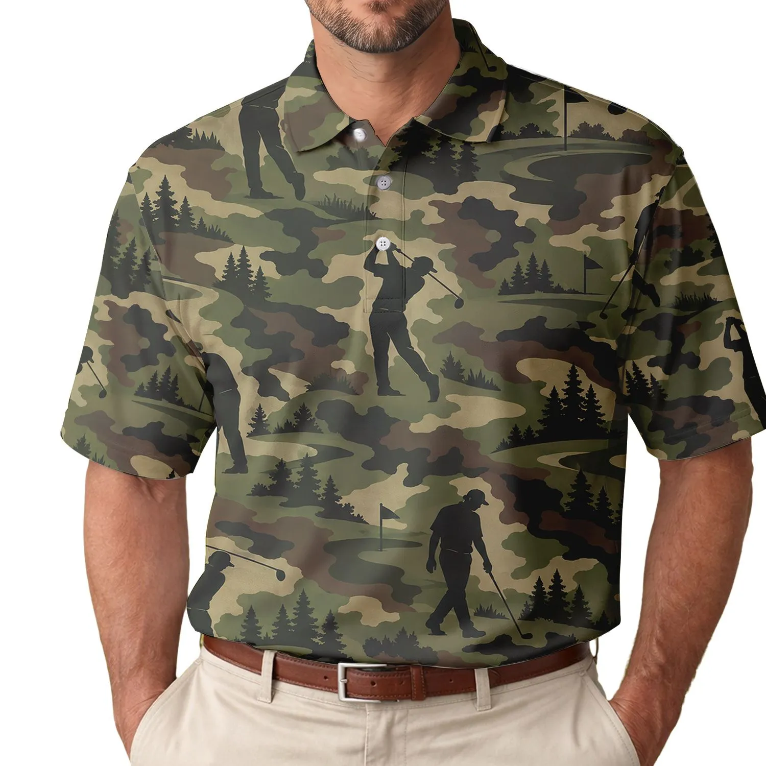 Olive Woodland Golfers with Swing Silhouettes for Fairway Weekend Outdoor Leisure Men's Polo Shirt - 1