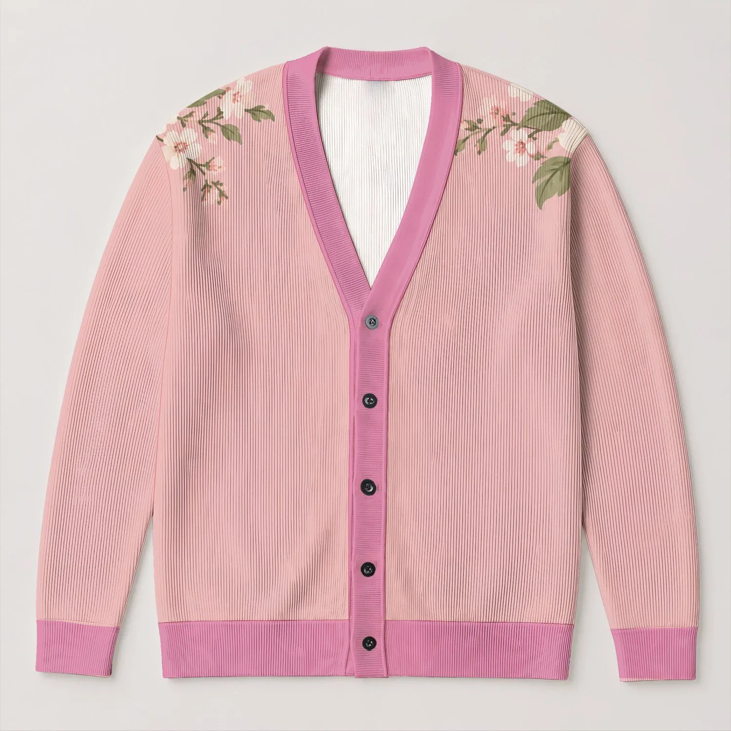 Soft Pink Botanical Shoulder Blossoms For Cozy Autumn Layering And Weekend Outings All-over Print Knitted Cardigan - 1