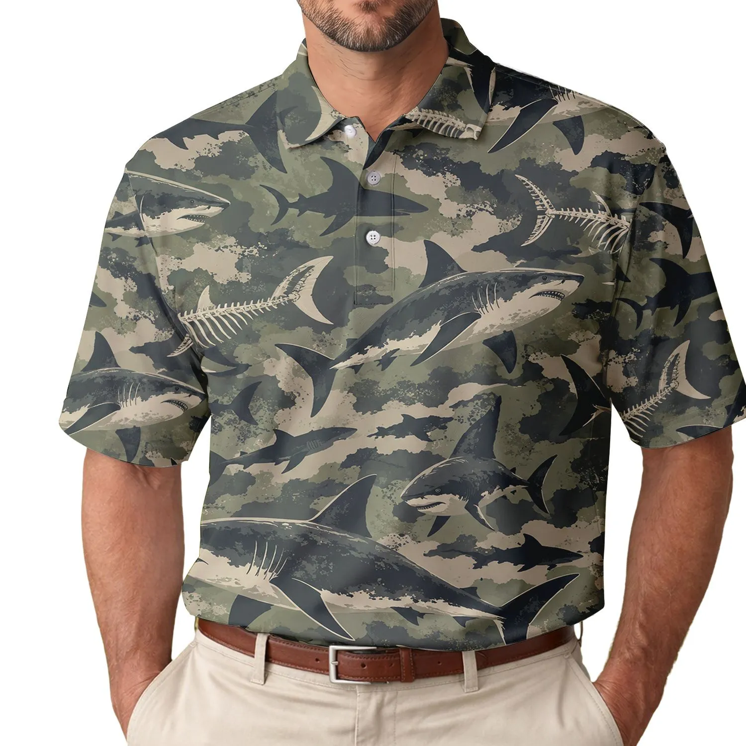Shark Fishing Adventure Ocean Camo for Coastal Outdoor Style and Beach Days for Men Men's Polo Shirt - 1