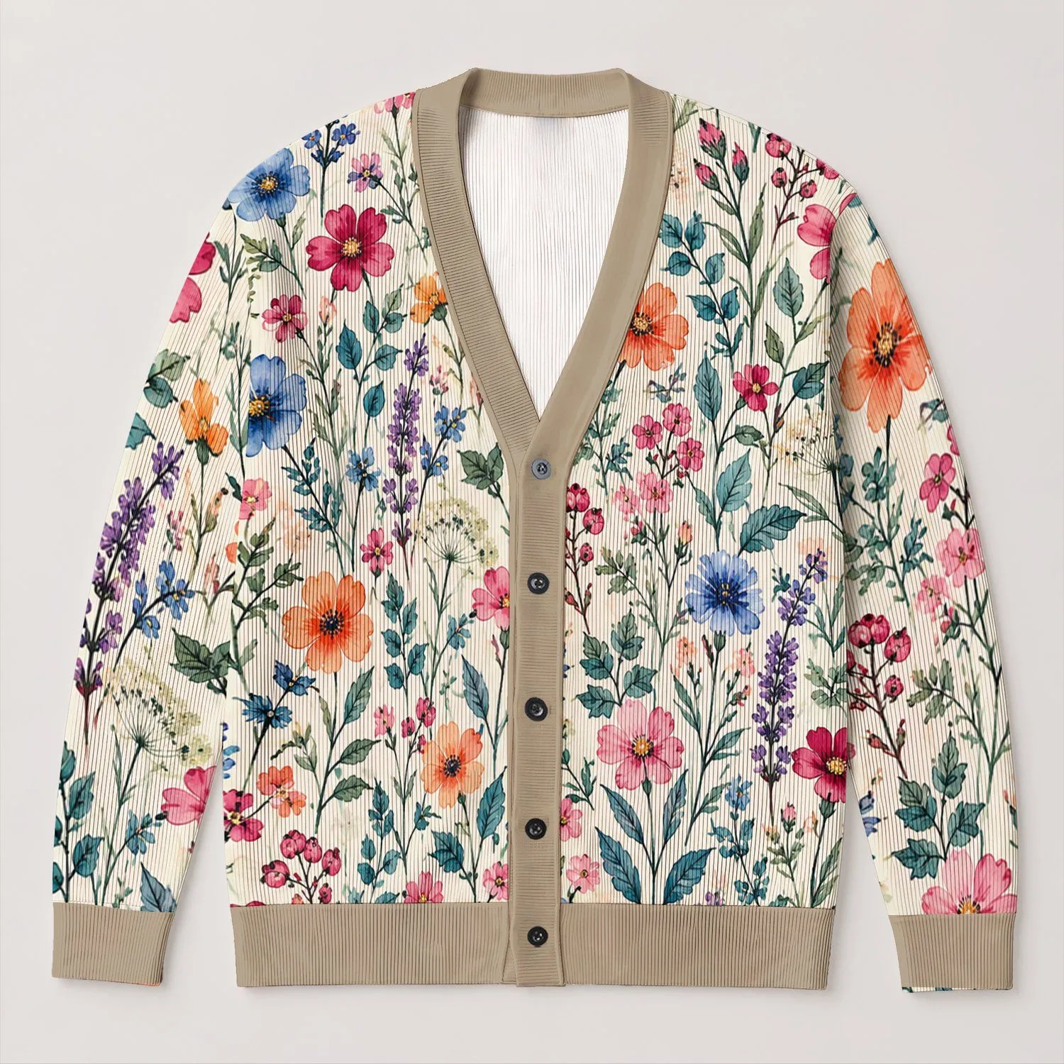 Watercolor Meadow Flowers and Wild Leaves for Relaxed Spring Layering Everyday Style All-over Print Knitted Cardigan - 1