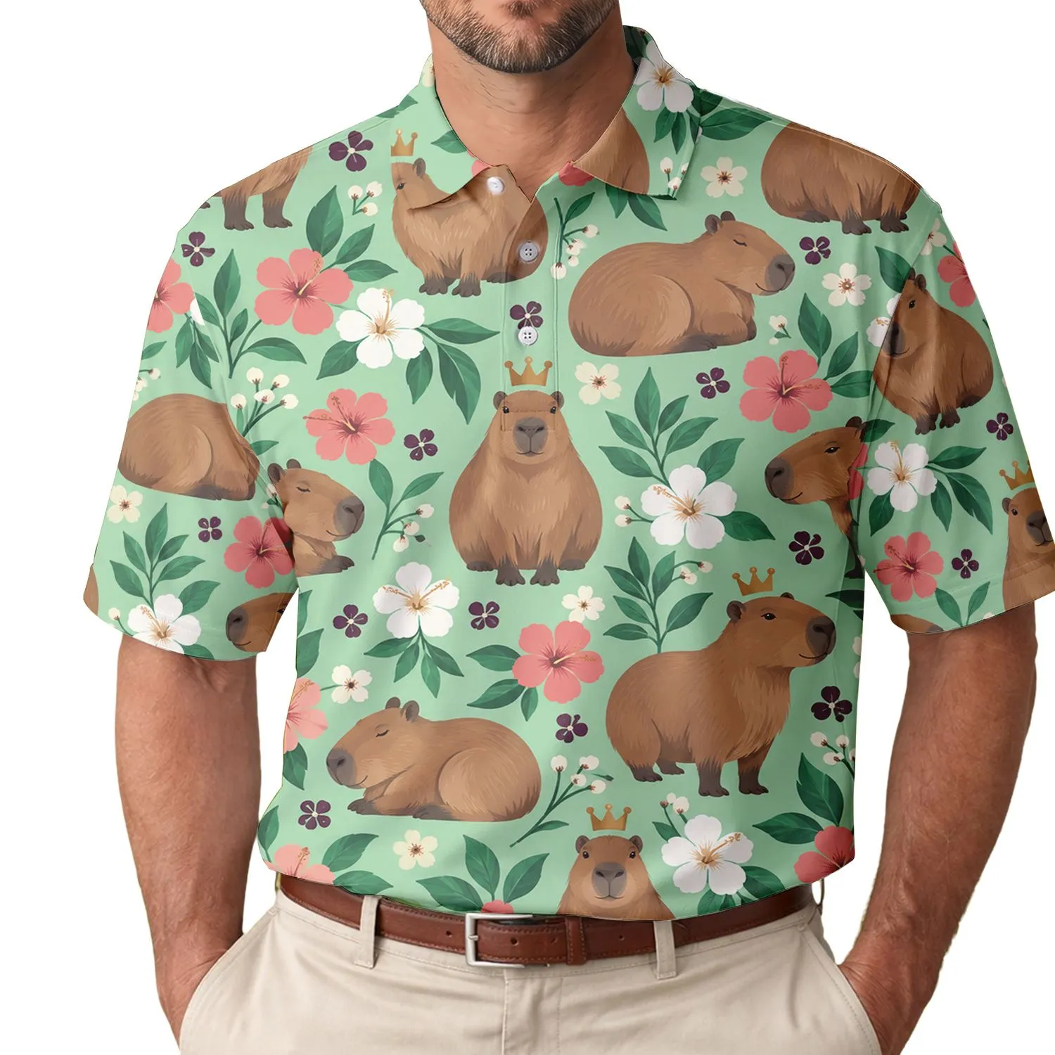 Capybara Floral Golf Style for Relaxed Weekend Fairways and Nature Lovers Gift Idea Men's Polo Shirt - 1