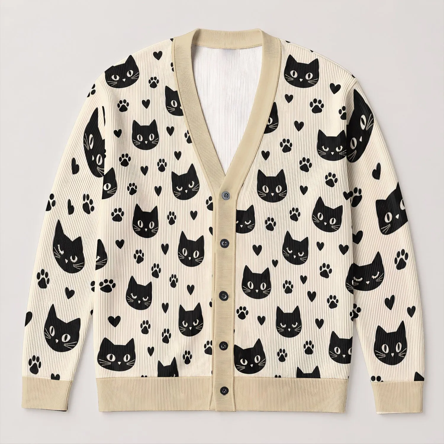 Black Cat Paw Heart Motifs for Cozy Everyday Layering and Casual Pet Lover Style All-over Print Knitted Cardigan - 1