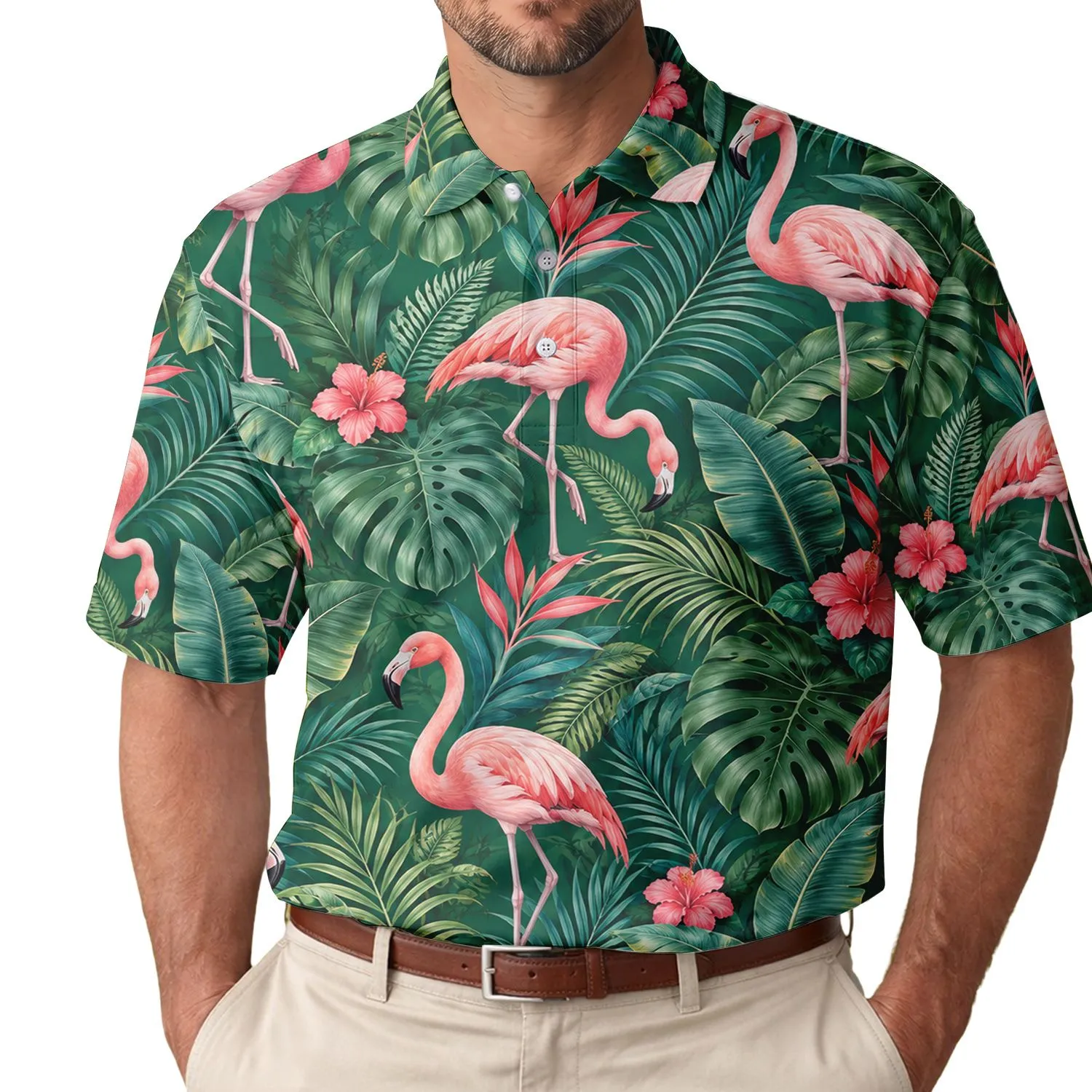Tropical Flamingo and Palm Leaf Retreat for Resort Holidays, Golf Days, and Vacations Men's Polo Shirt - 1