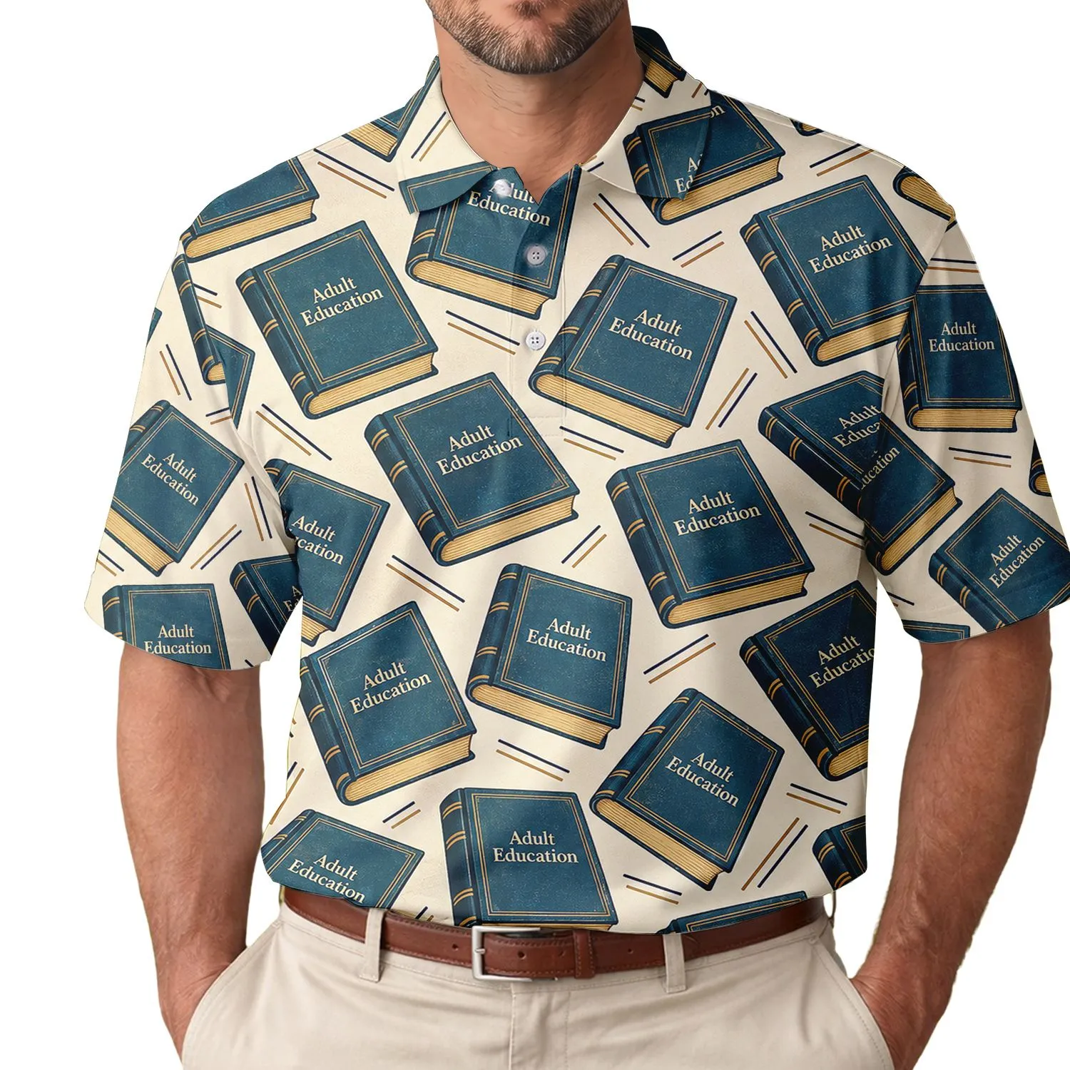 Adult Education Book Cover Motif for Teachers, Professors, and Lifelong Learning Fans Men's Polo Shirt - 1
