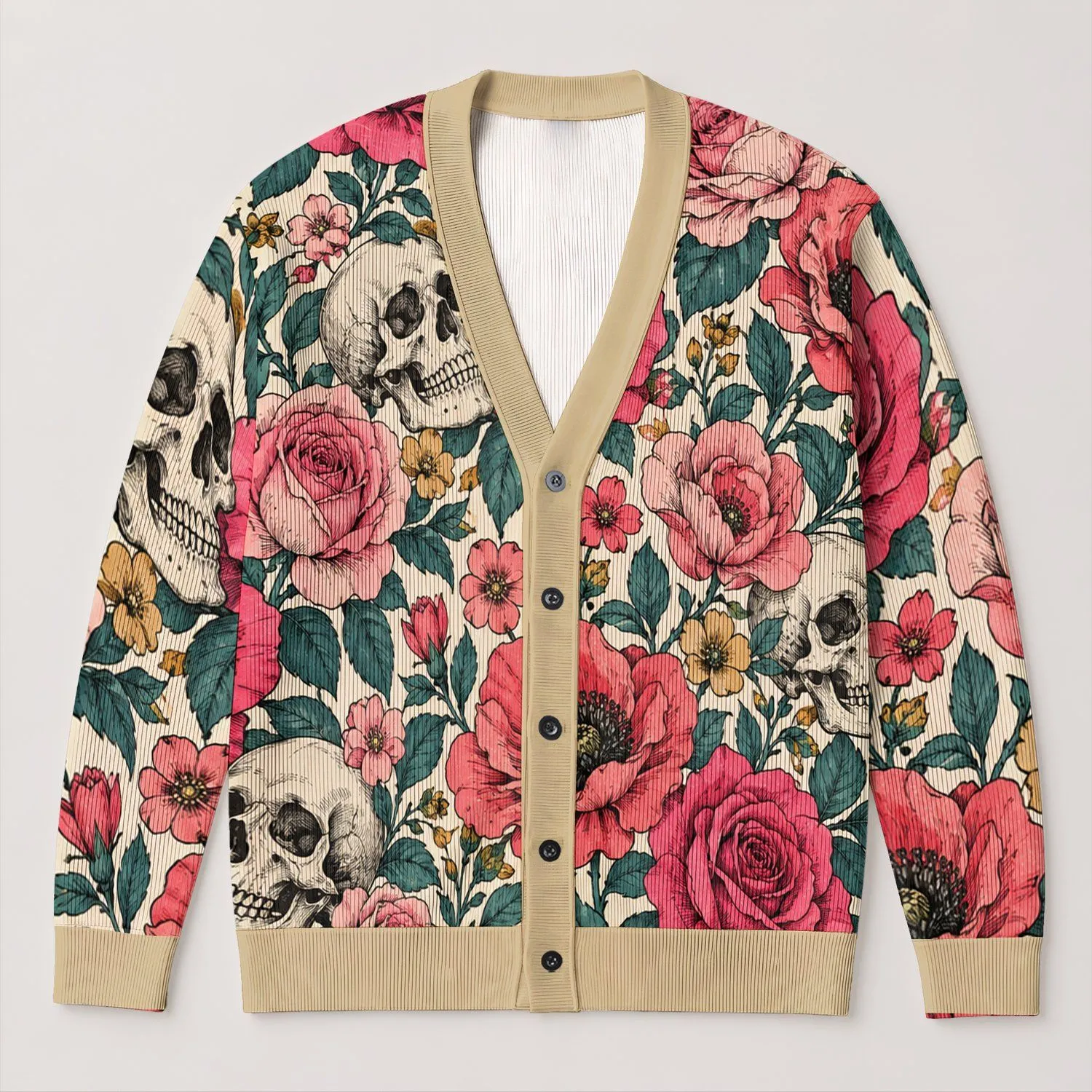 Rose Floral Skull Motif For Bold Everyday Layering, Women's Dark Botanical Style All-over Print Knitted Cardigan - 1
