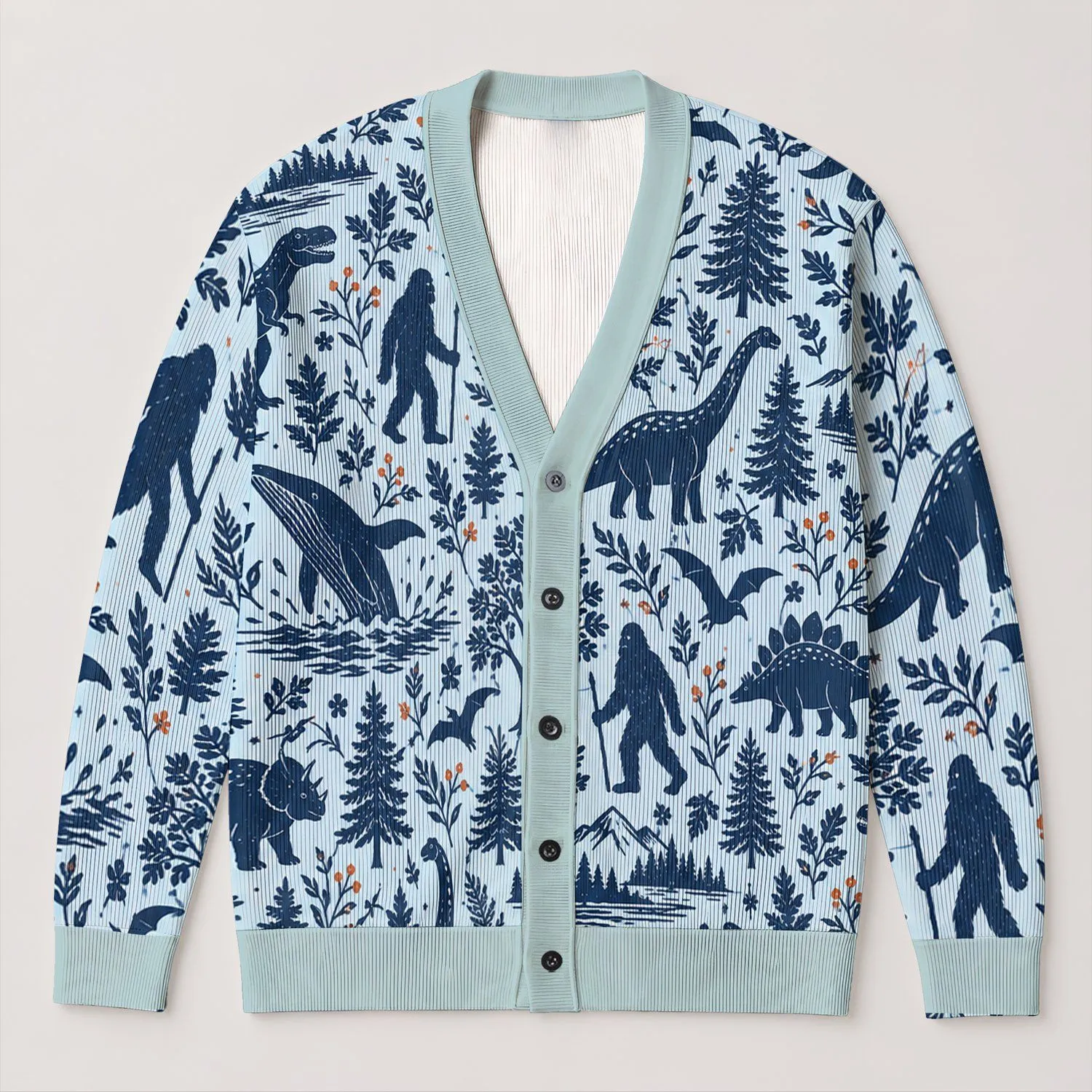 Blue Cryptid Dinosaur Woodland Motifs For Autumn Winter Gift Style For Men And Couples All-over Print Knitted Cardigan - 1