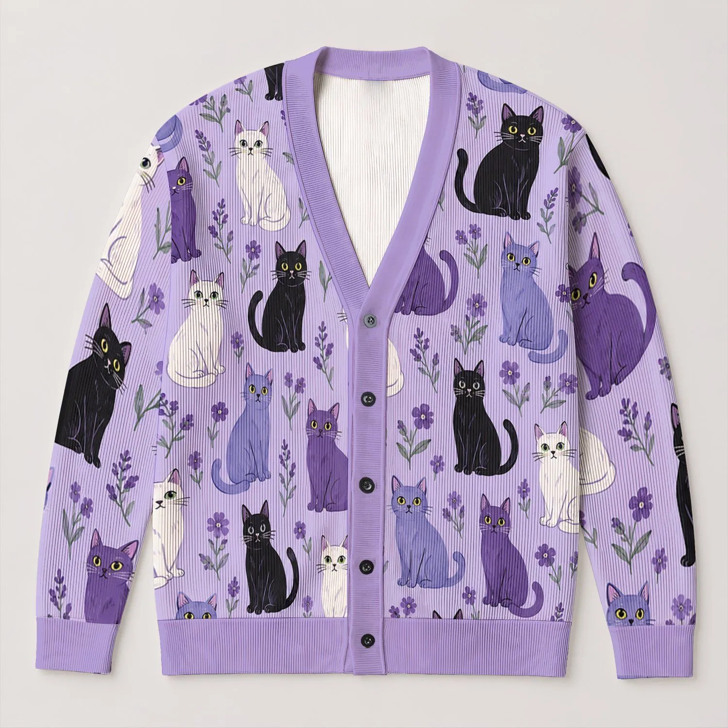 Lavender Cat Companions for Cozy Winter Layering and Relaxed Everyday Style for Women All-over Print Knitted Cardigan - 1