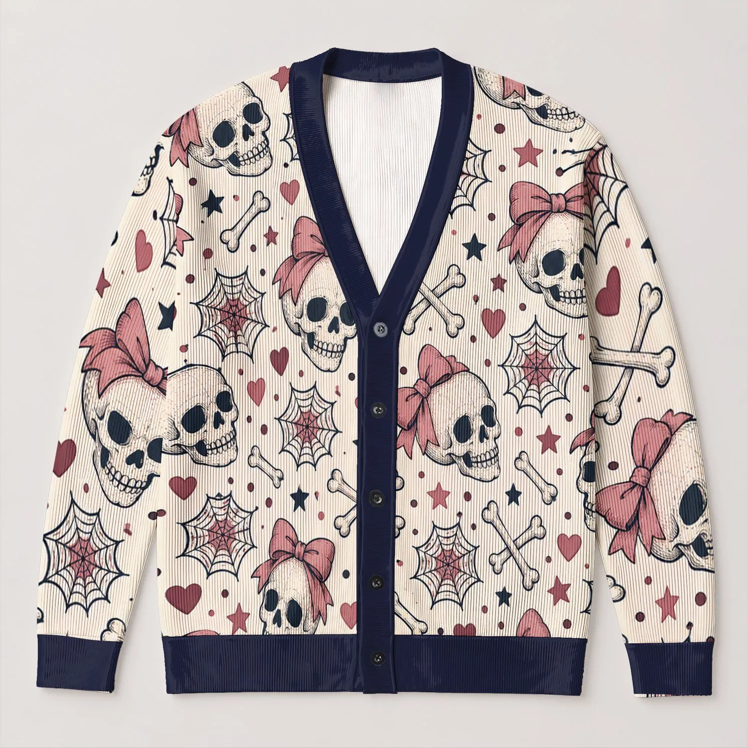 Pink Bow Skull Bones and Spiderwebs for Casual Everyday Layering and Commuting Women All-over Print Knitted Cardigan - 1
