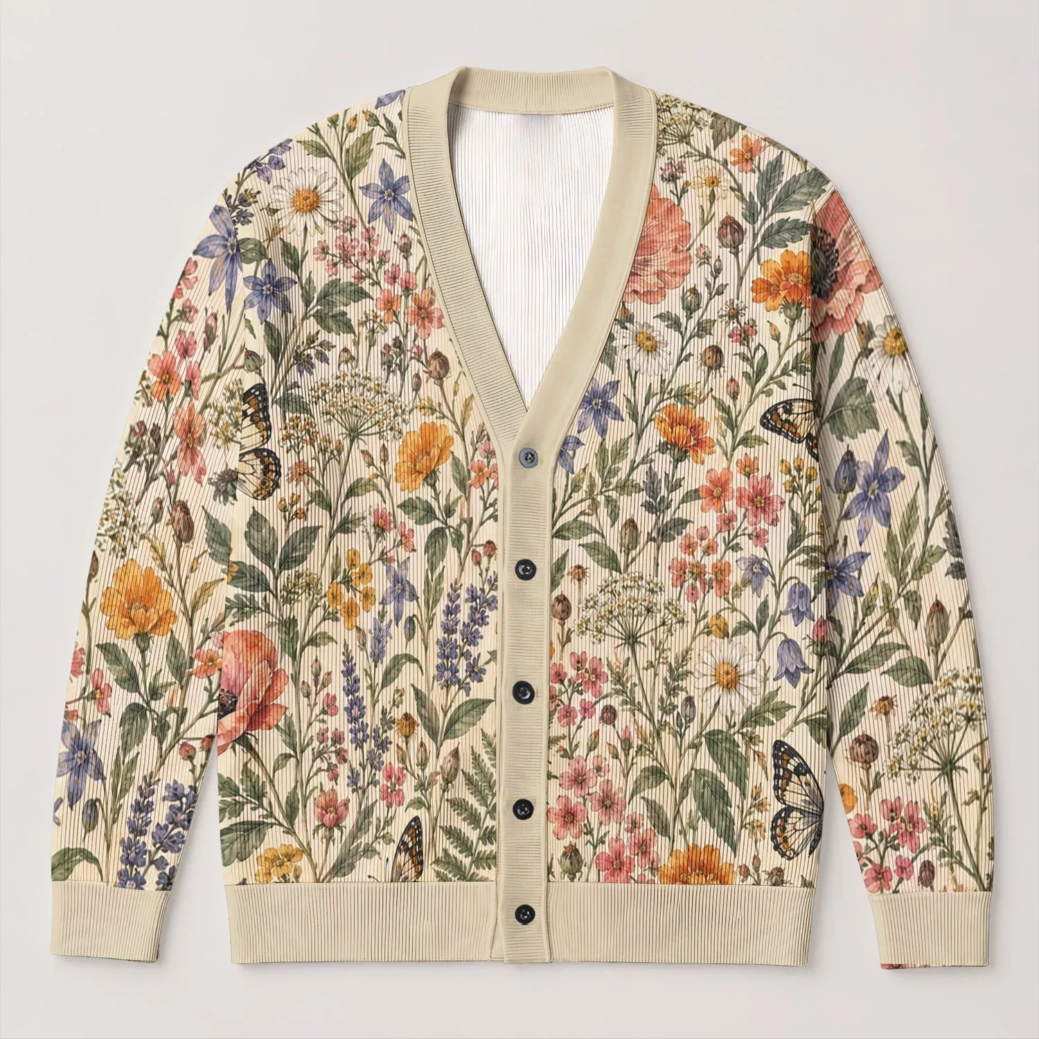 Butterflies and Wildflowers for Cottagecore Autumn Layering, Garden Strolls, Women All-over Print Knitted Cardigan - 1