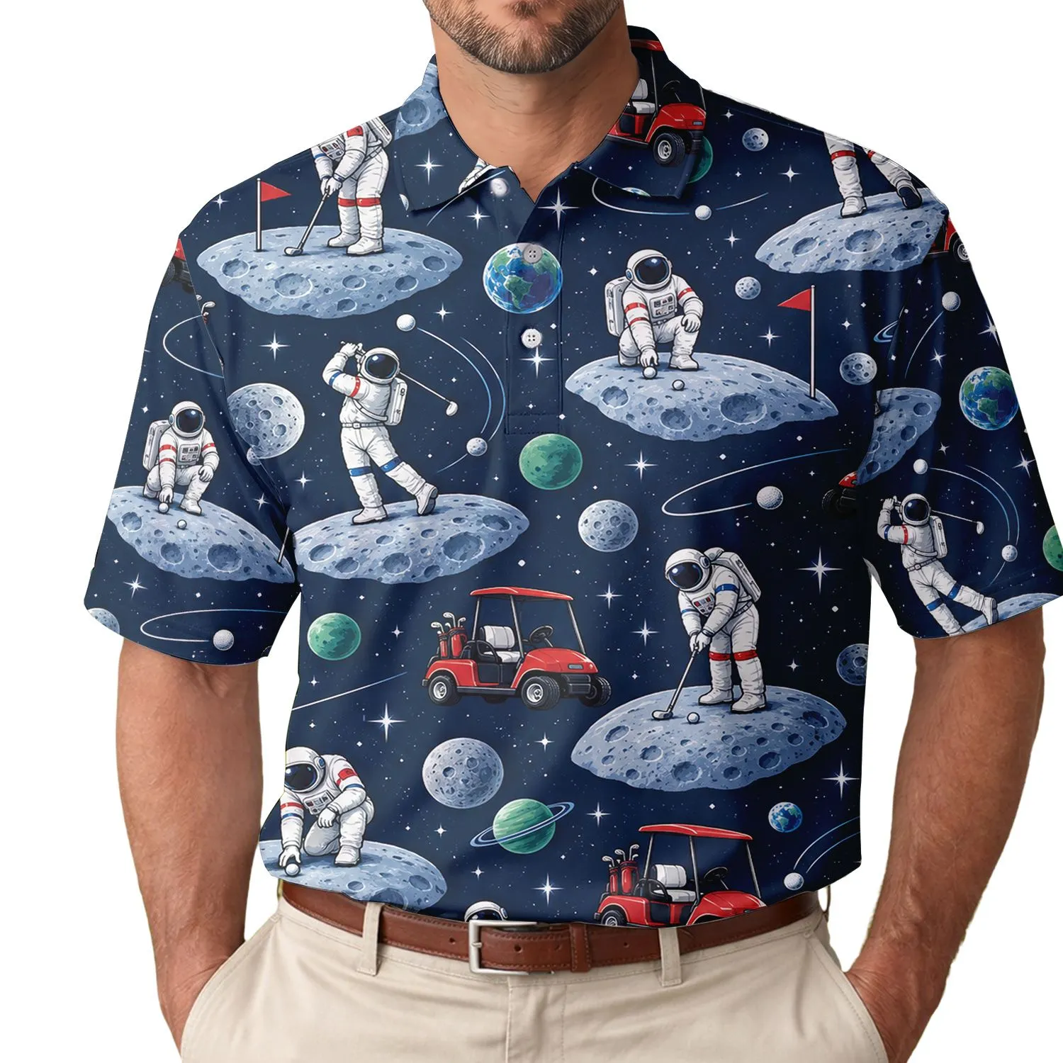 Funny Astronaut Golf Scene for Weekend Golfers, Space Lovers, and Men Women Gifts Men's Polo Shirt - 1