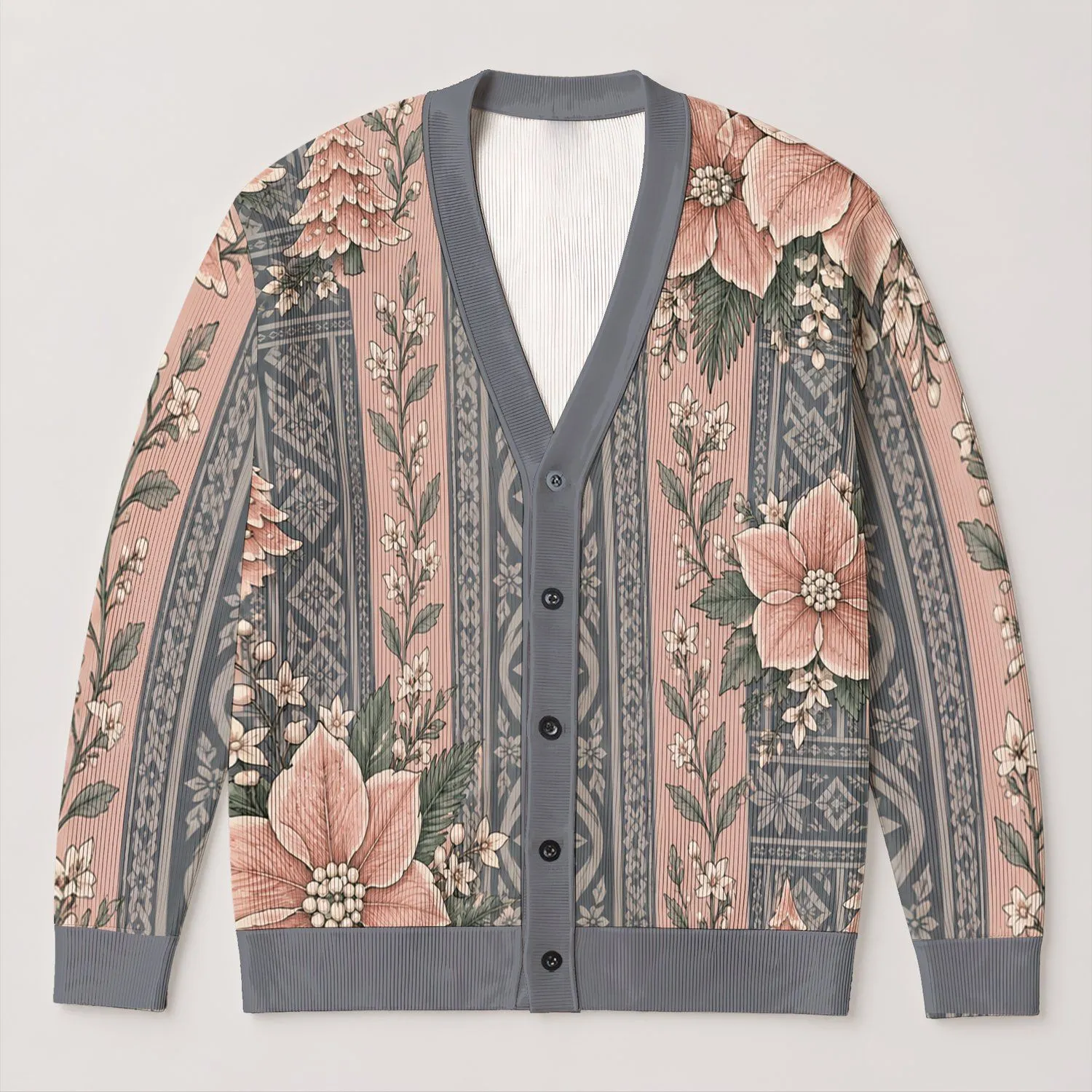 Pastel Floral and Christmas Tree Motif for Cozy Holiday Layering and Everyday Style All-over Print Knitted Cardigan - 1
