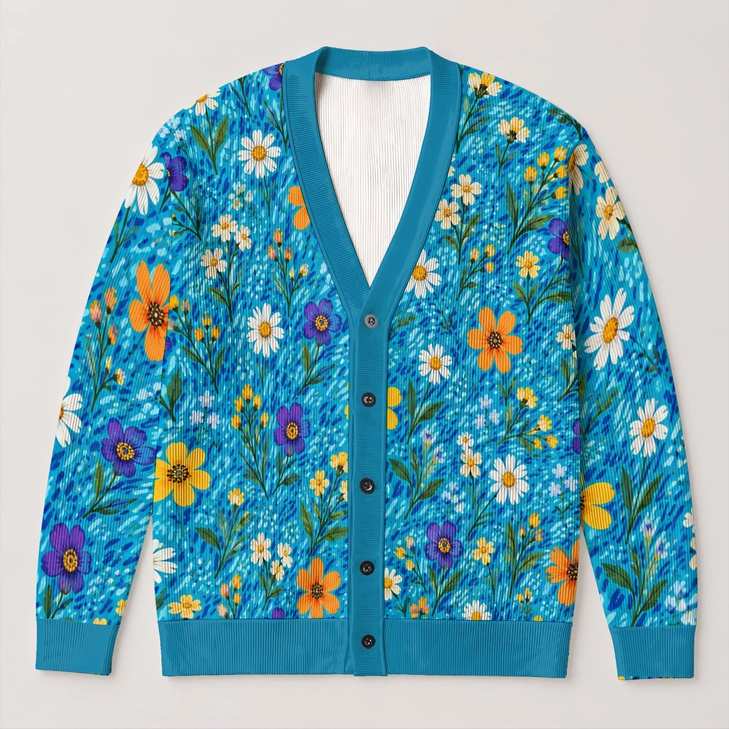 Turquoise Wildflower Sprigs for Colorful Autumn Layering and Everyday Women's Style All-over Print Knitted Cardigan - 1