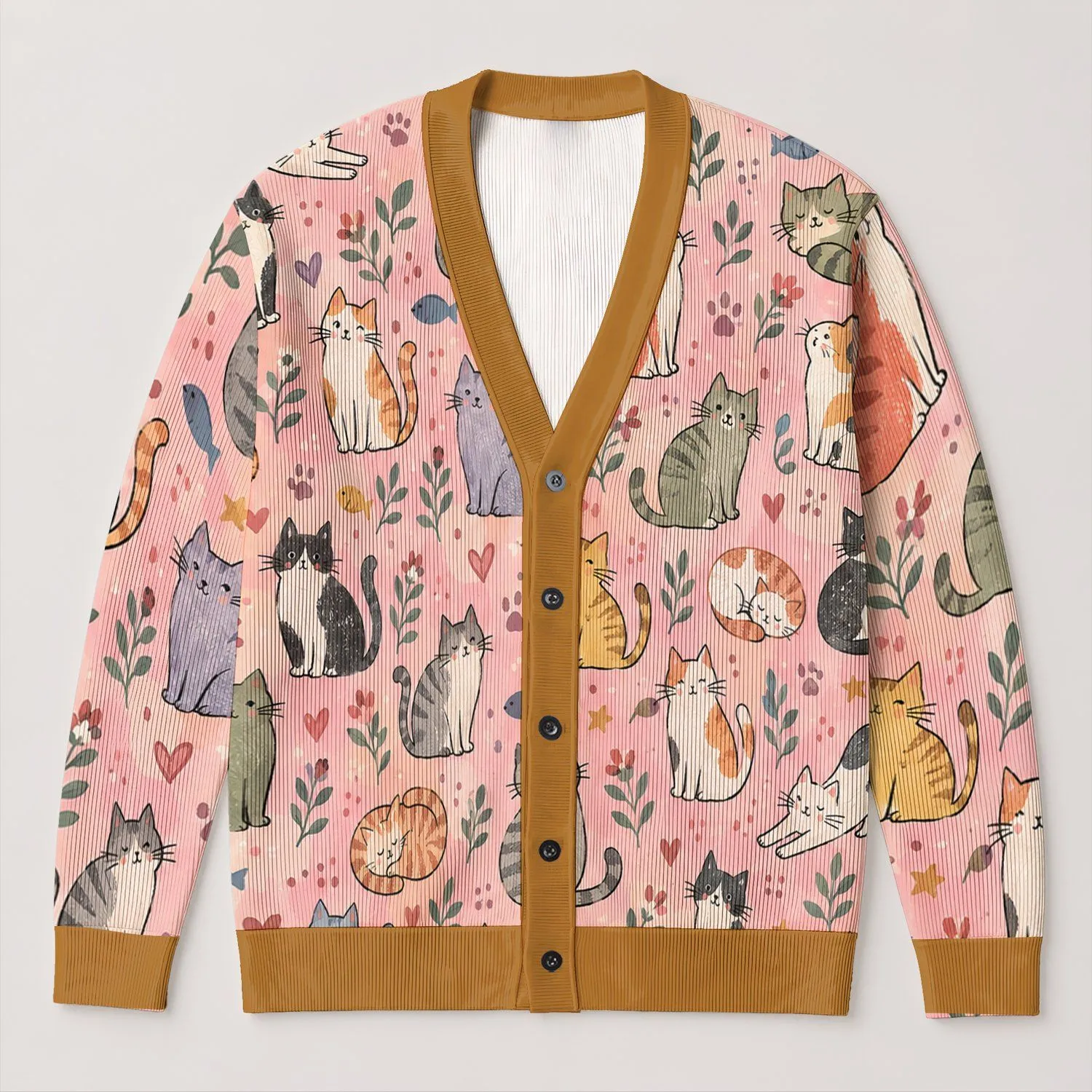 Colorful Hand-Drawn Cat Companions for Cozy Autumn Layering, Women and Cat Lovers All-over Print Knitted Cardigan - 1