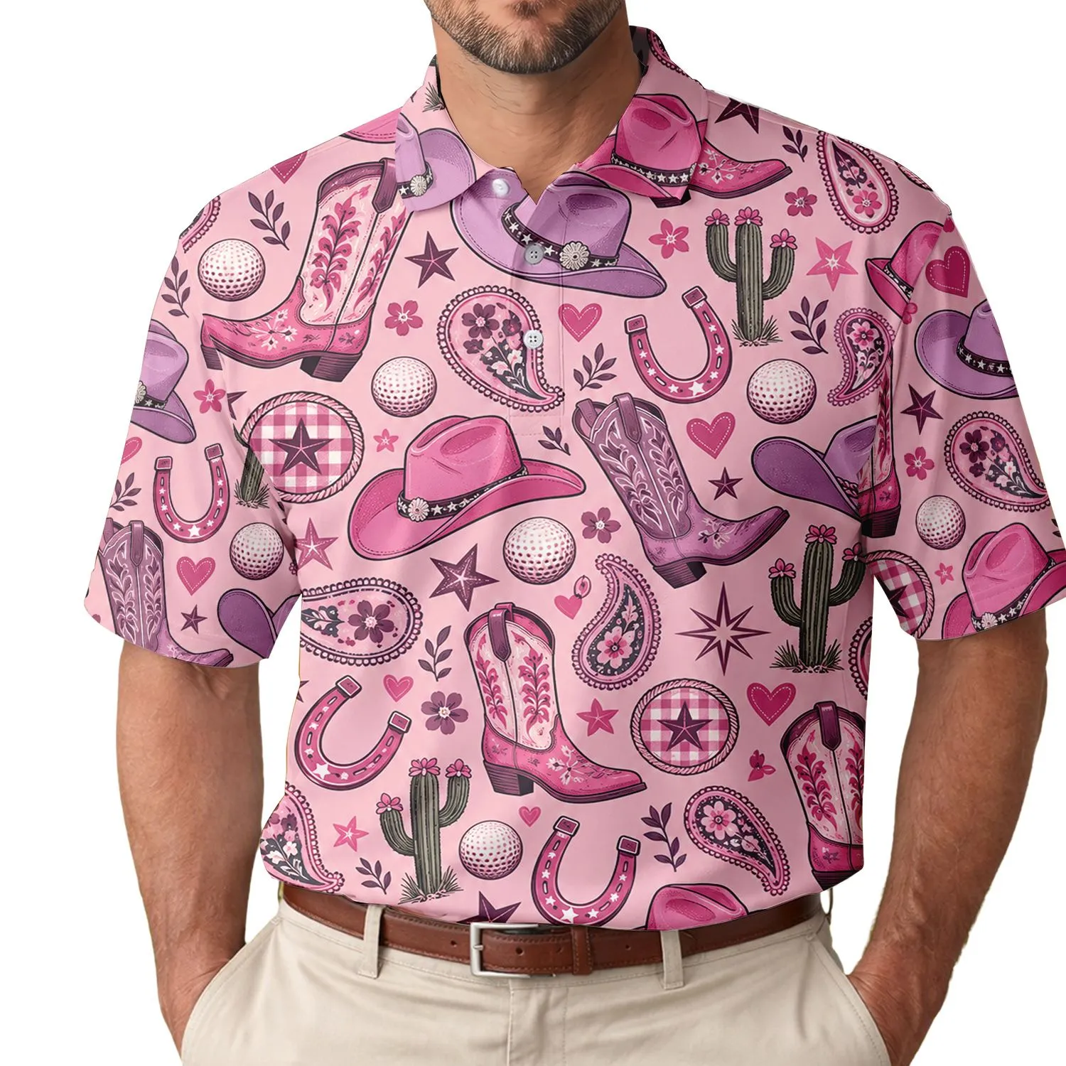 Pink Western Cowgirl Rodeo Icons for Golf Days, Country Outings, and Ranch Life Fans Men's Polo Shirt - 1