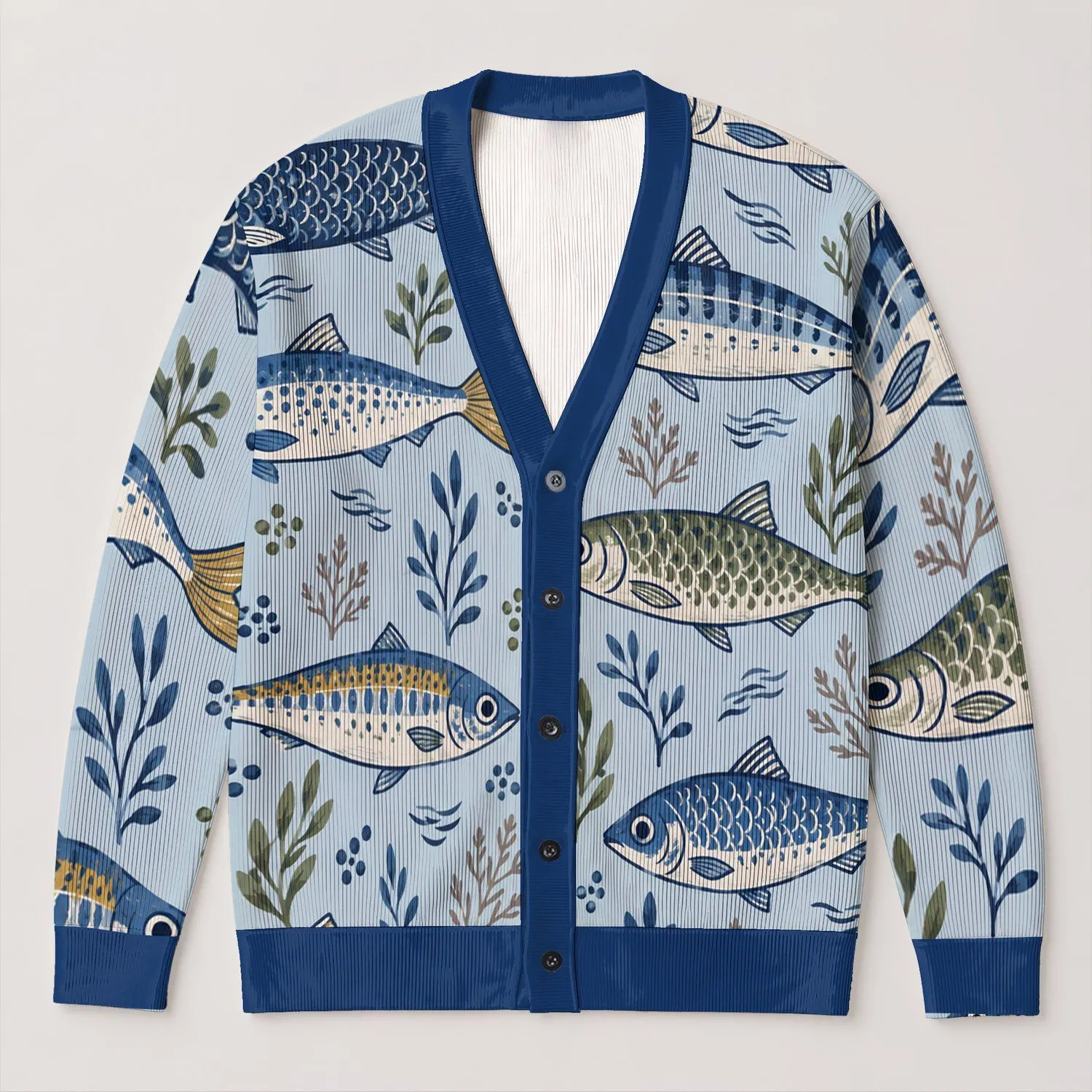 Blue Coastal Fish Motifs for Relaxed Seaside Layering, Beach Days, and Weekend Wear All-over Print Knitted Cardigan - 1