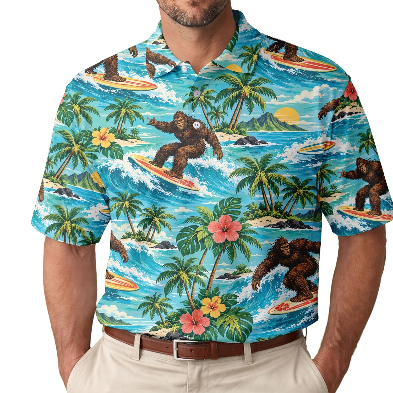 Bigfoot Surfing Tropical Beach Adventure For Summer Vacations And Golf Outings Men Men's Polo Shirt - 1