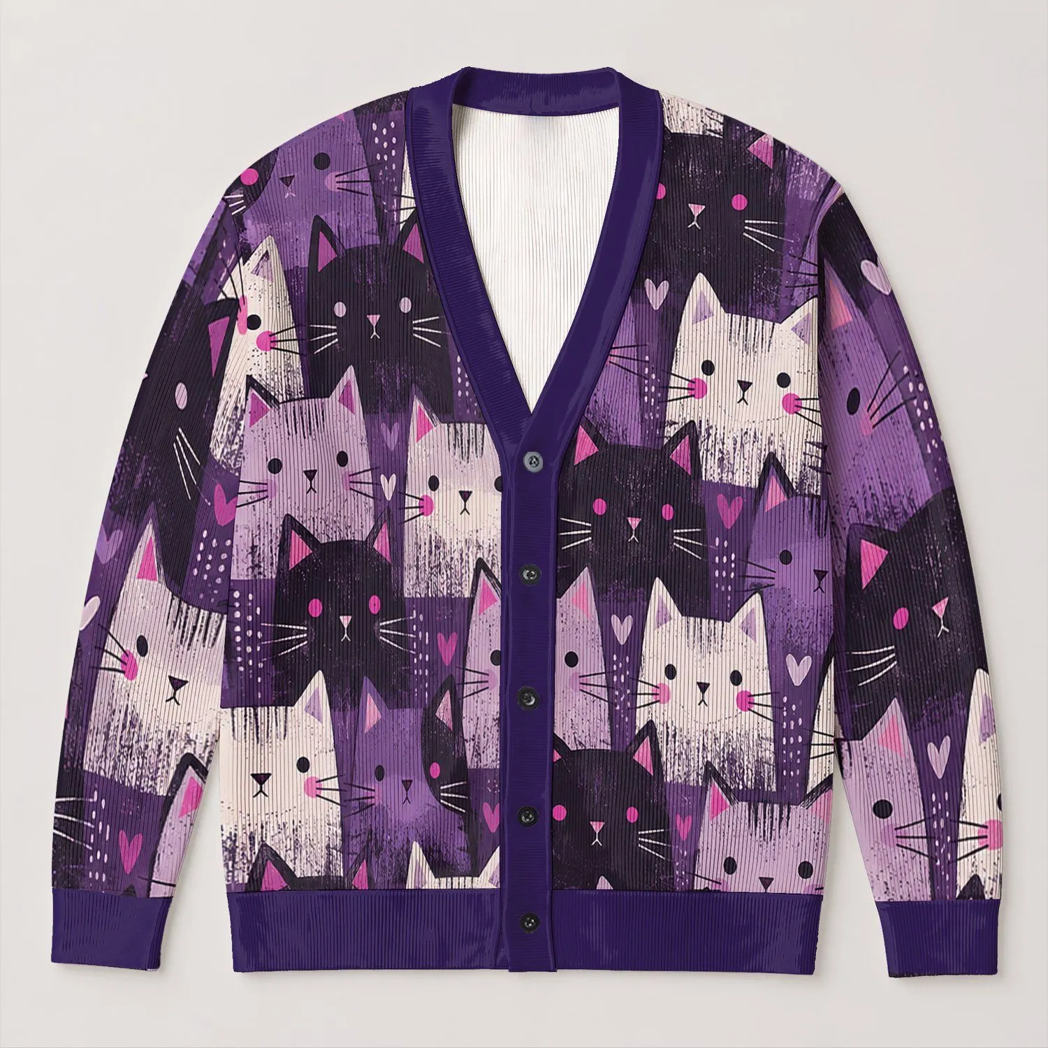 Purple Cat Faces For Cozy Everyday Layering And Playful Weekend Style For Cat Lovers All-over Print Knitted Cardigan - 1