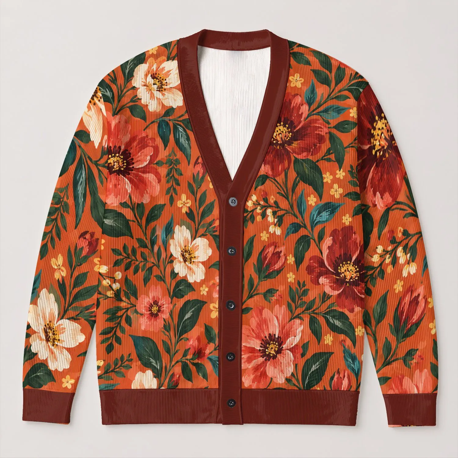 Coral Wildflower Blooms for Relaxed Everyday Layering and Weekend Outings All-over Print Knitted Cardigan - 1