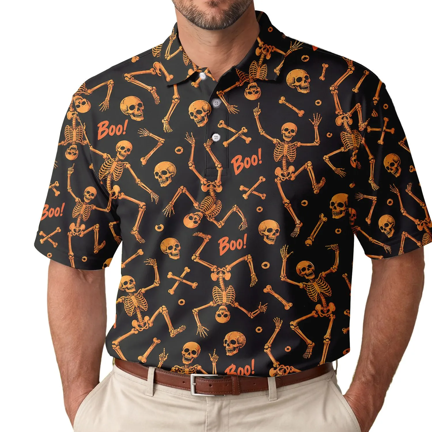 Dancing Skeletons and Boo Halloween Golf Style for Men Women at Spooky Events Season Men's Polo Shirt - 1