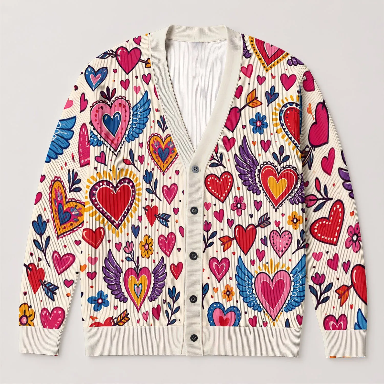Colorful Heart Wings For Date Nights And Vacation Layering, Women's Dopamine Style All-over Print Knitted Cardigan - 1