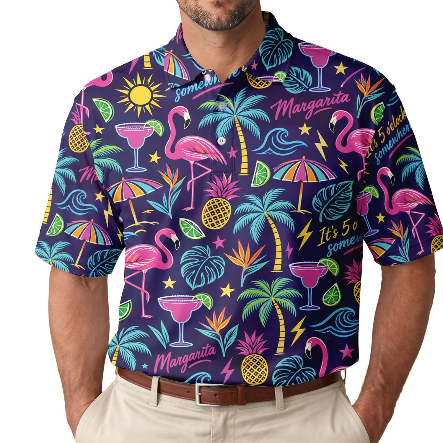 Neon Flamingo Margarita Vibes For Tropical Golf And Vacation Getaways For Women Men's Polo Shirt - 1