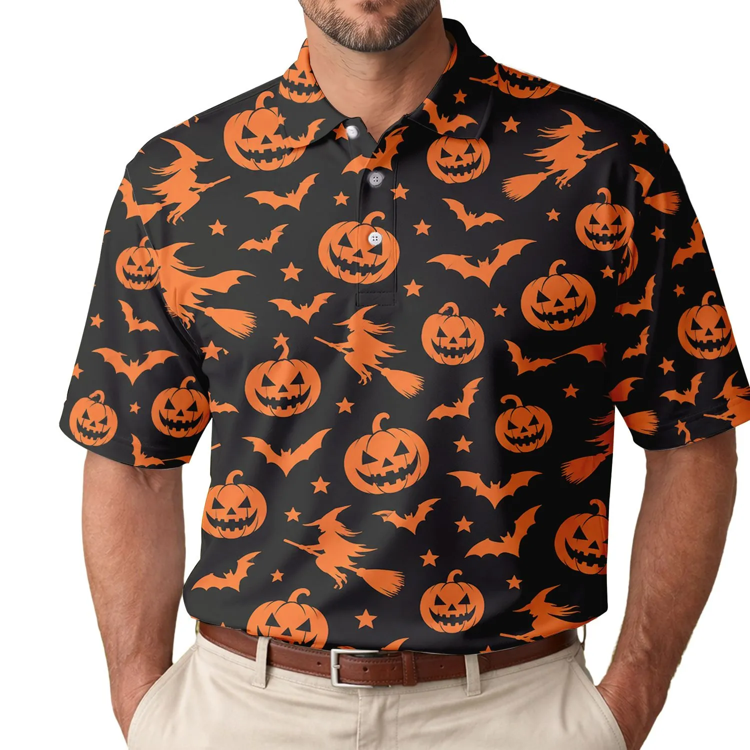 Halloween Pumpkin Bat And Witch Motifs For Spooky Autumn Golf Days And Festive Gatherings Men's Polo Shirt - 1