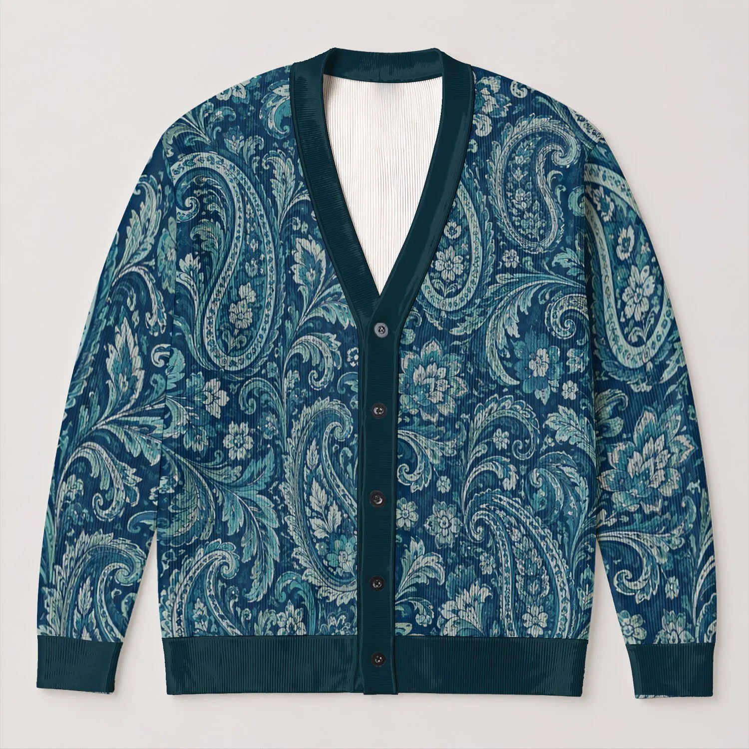 Teal Paisley Bohemian Layering Style For Everyday Travel, Office Days, And Weekend Wear All-over Print Knitted Cardigan - 1