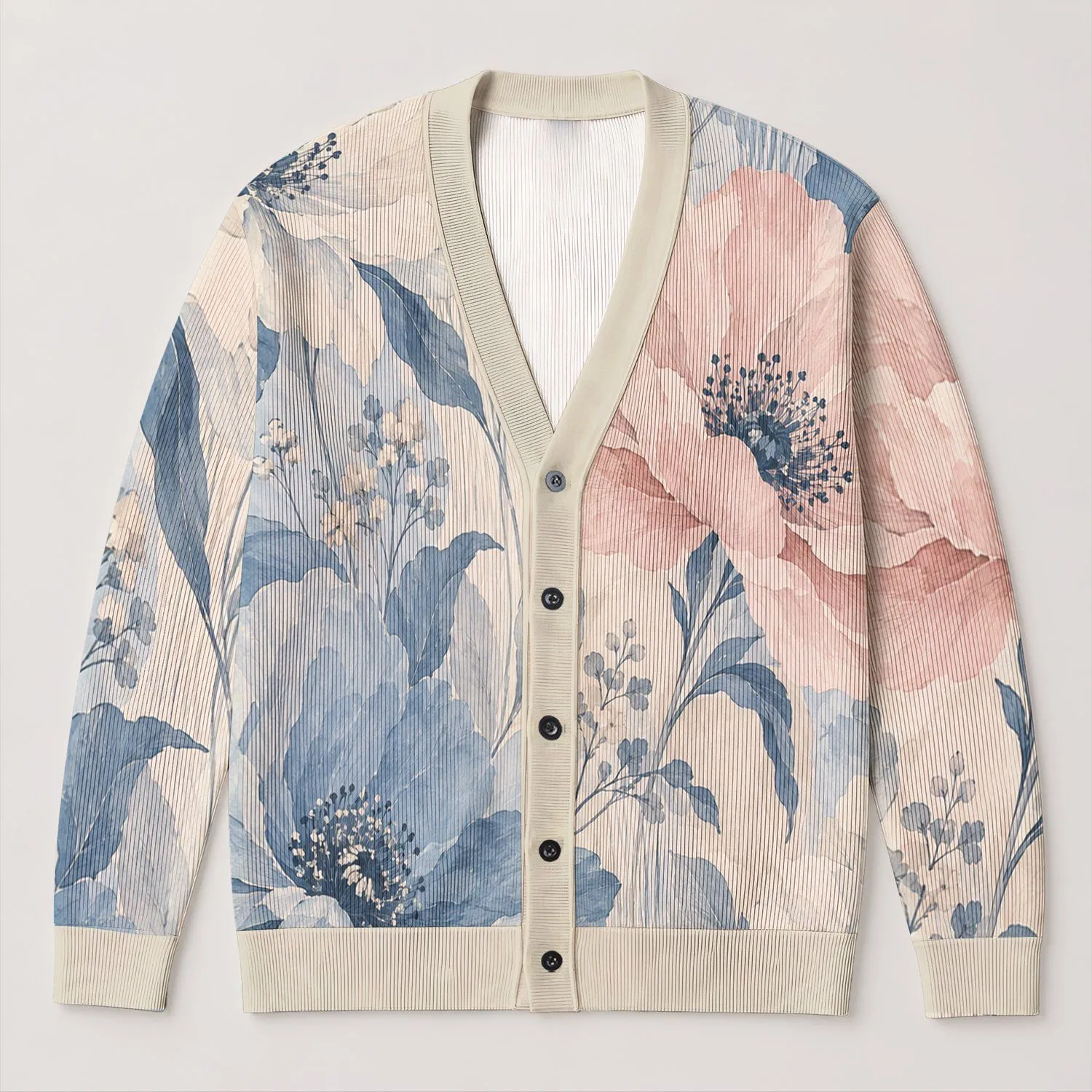 Pastel Blue Pink Floral Layers for Soft Everyday Styling and Relaxed Weekend Escapes All-over Print Knitted Cardigan - 1