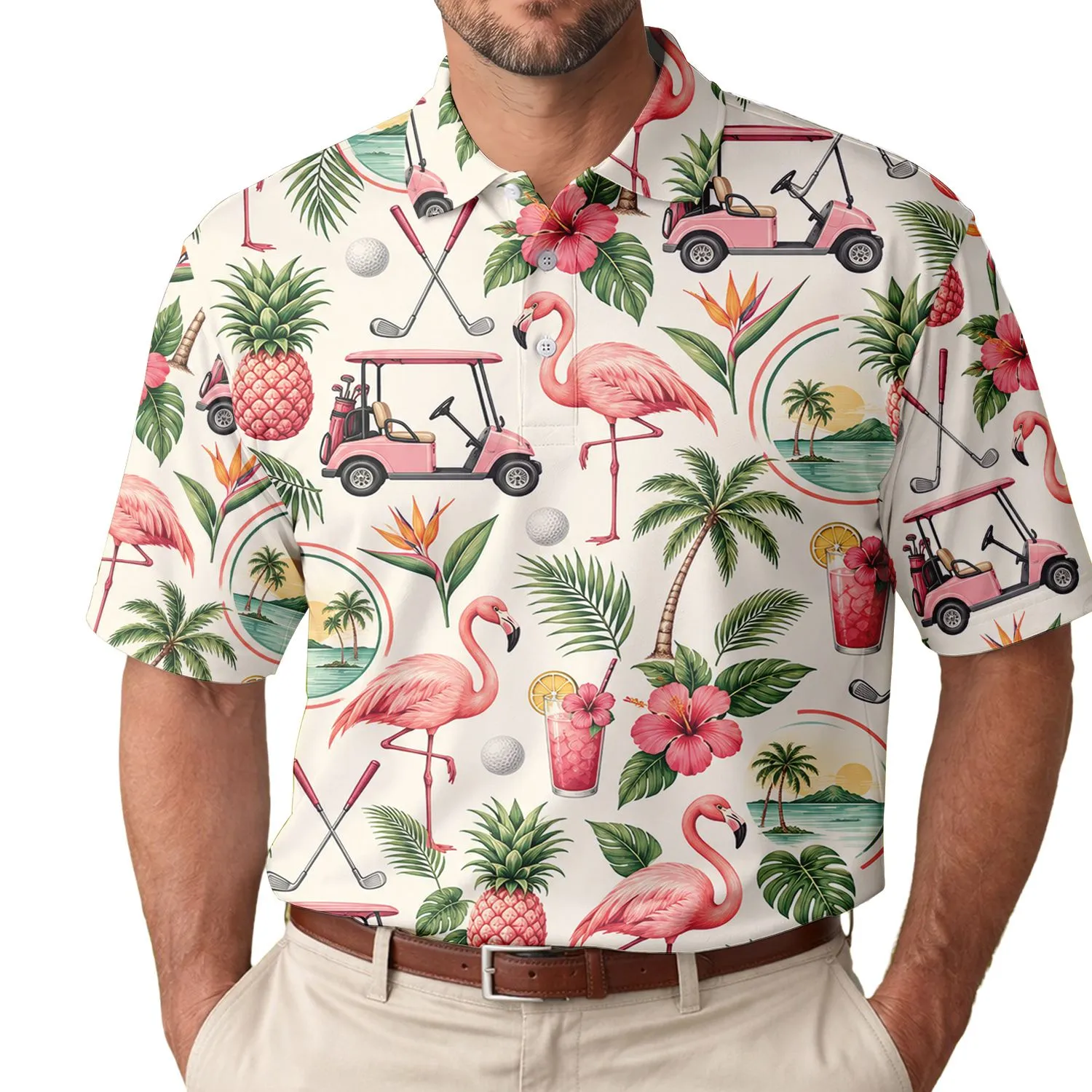 Pink Flamingo Pineapple Golf Motifs for Tropical Summer Fairway Resort Style Men Women Men's Polo Shirt - 1
