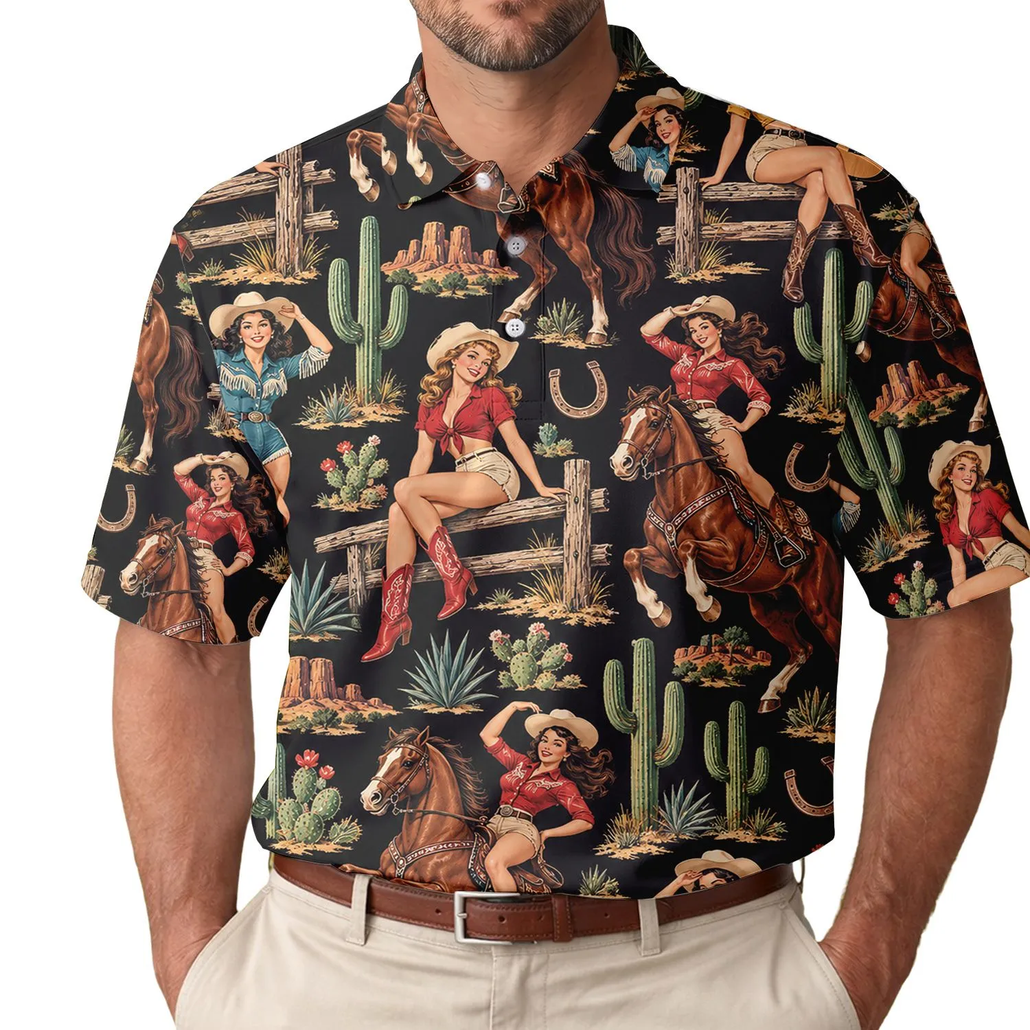 Vintage Cowgirl Rodeo Western Golf Outfit for Country Club Style and Equestrian Fans Men's Polo Shirt - 1