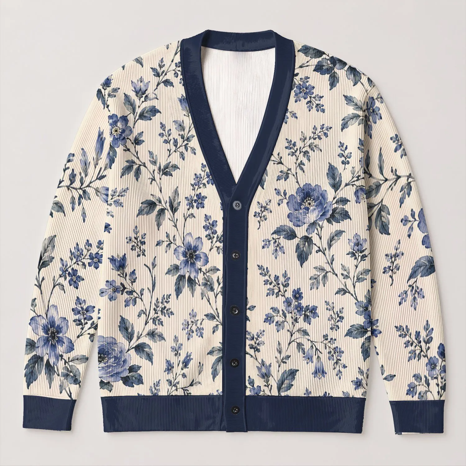 Indigo Botanical Blooms for Effortless Commuting and Everyday Layering Essential Wardrobe All-over Print Knitted Cardigan - 1