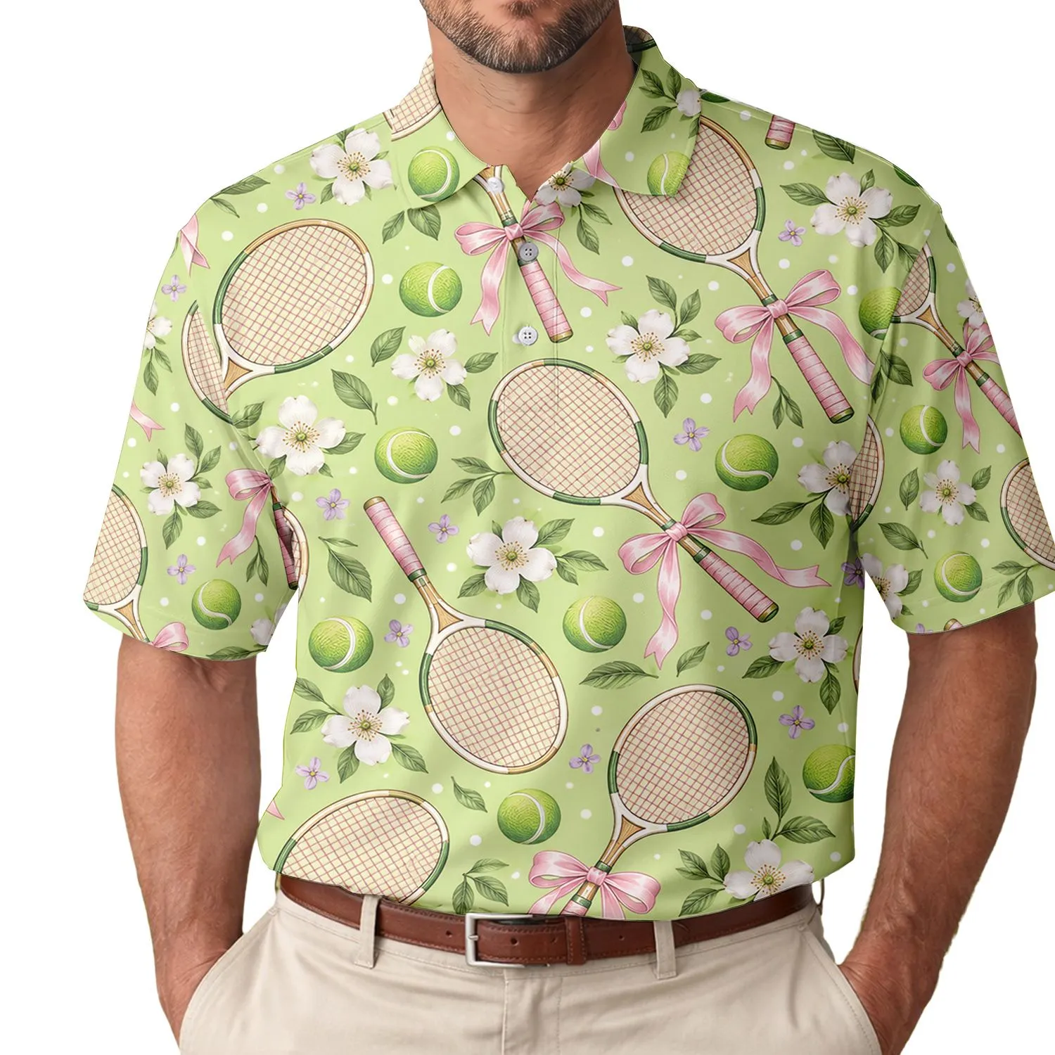 Lime Tennis Rackets and Pink Bows for Country Club Summer Style and Courtside Days Men's Polo Shirt - 1